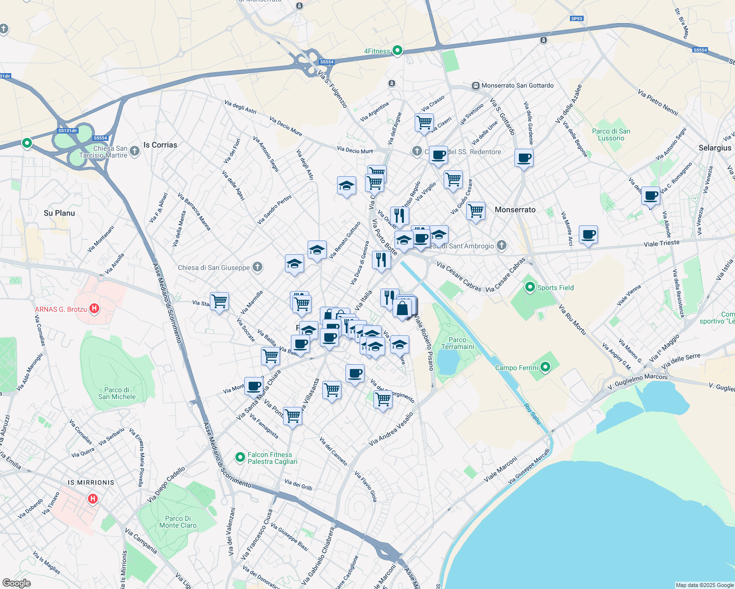 map of restaurants, bars, coffee shops, grocery stores, and more near 11 Via Emanuele Filiberto in Cagliari