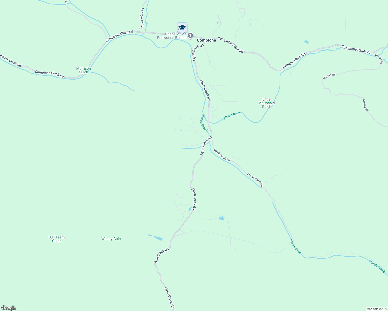 map of restaurants, bars, coffee shops, grocery stores, and more near 7800 Flynn Creek Road in Comptche
