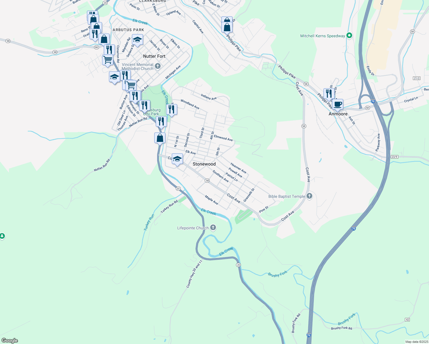 map of restaurants, bars, coffee shops, grocery stores, and more near 399 Southern Ave in Stonewood