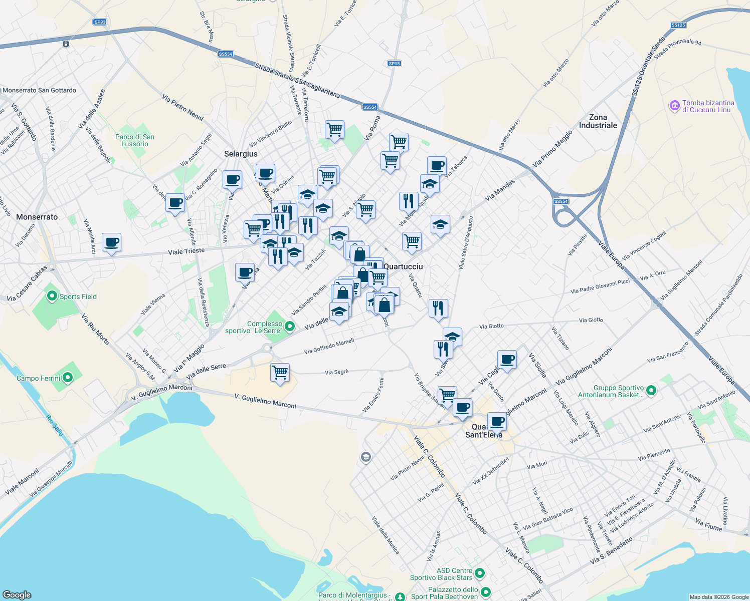map of restaurants, bars, coffee shops, grocery stores, and more near 4 Via Orani in Quartucciu