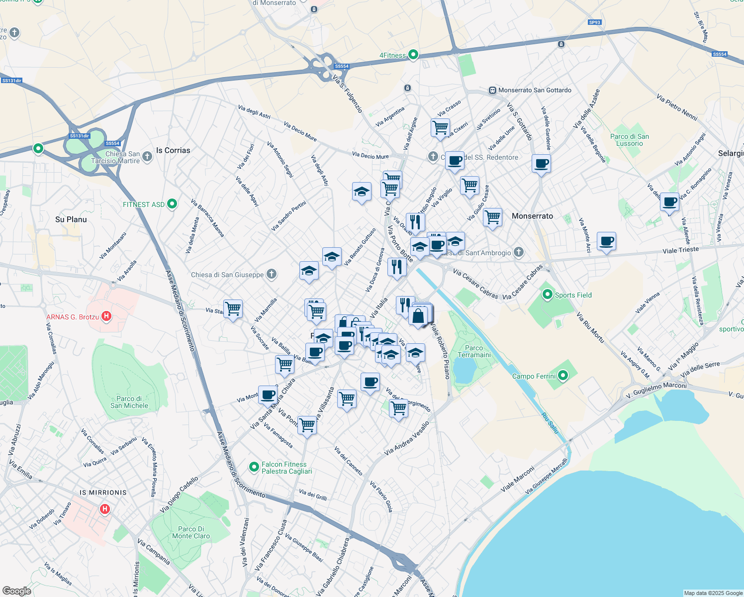 map of restaurants, bars, coffee shops, grocery stores, and more near 11 Via Emanuele Filiberto in Cagliari