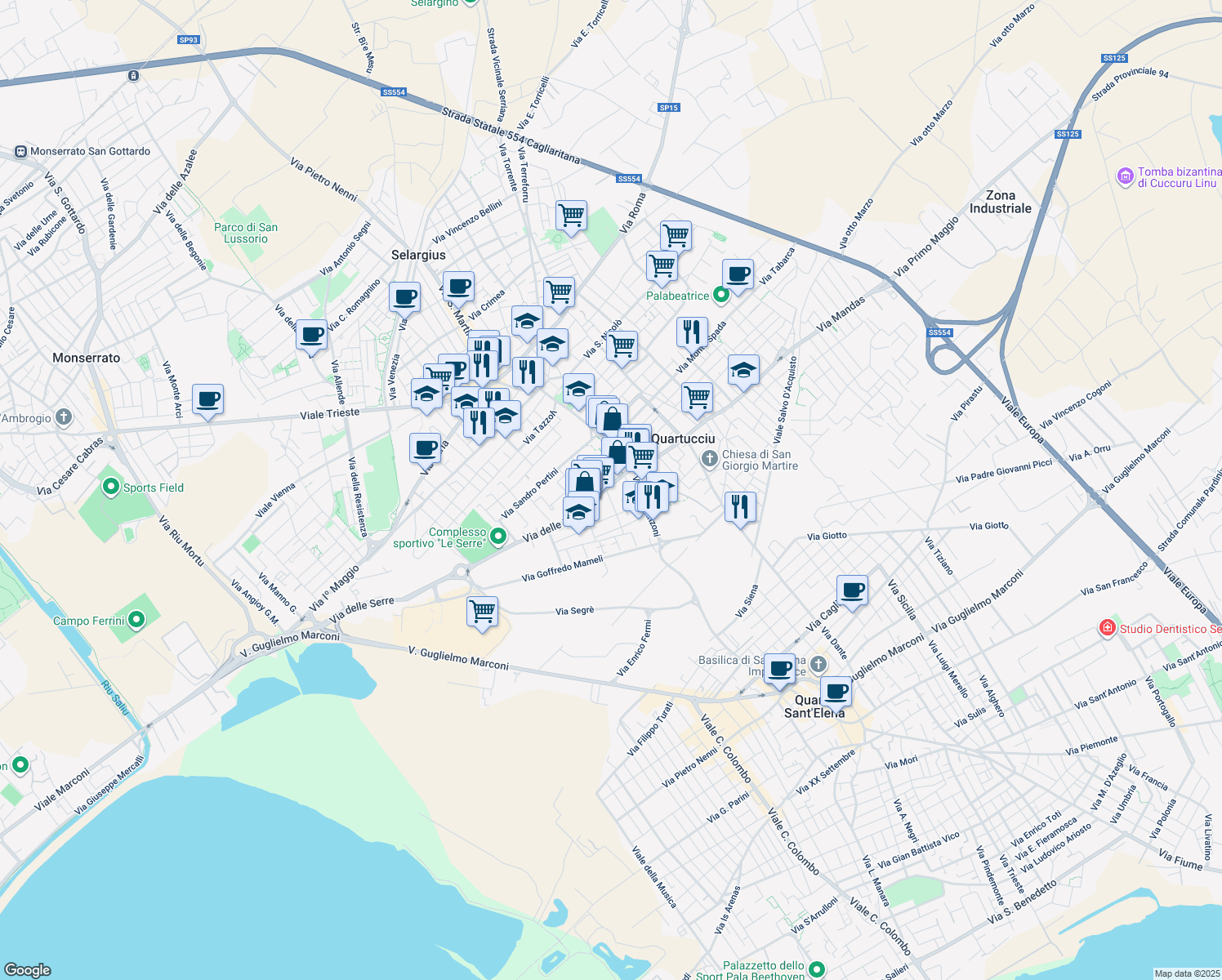 map of restaurants, bars, coffee shops, grocery stores, and more near 20 Via delle Serre in Quartucciu