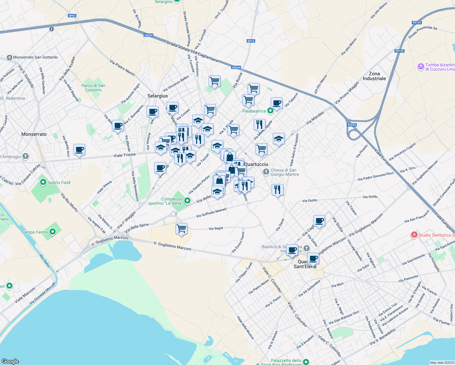 map of restaurants, bars, coffee shops, grocery stores, and more near 20 Via delle Serre in Quartucciu