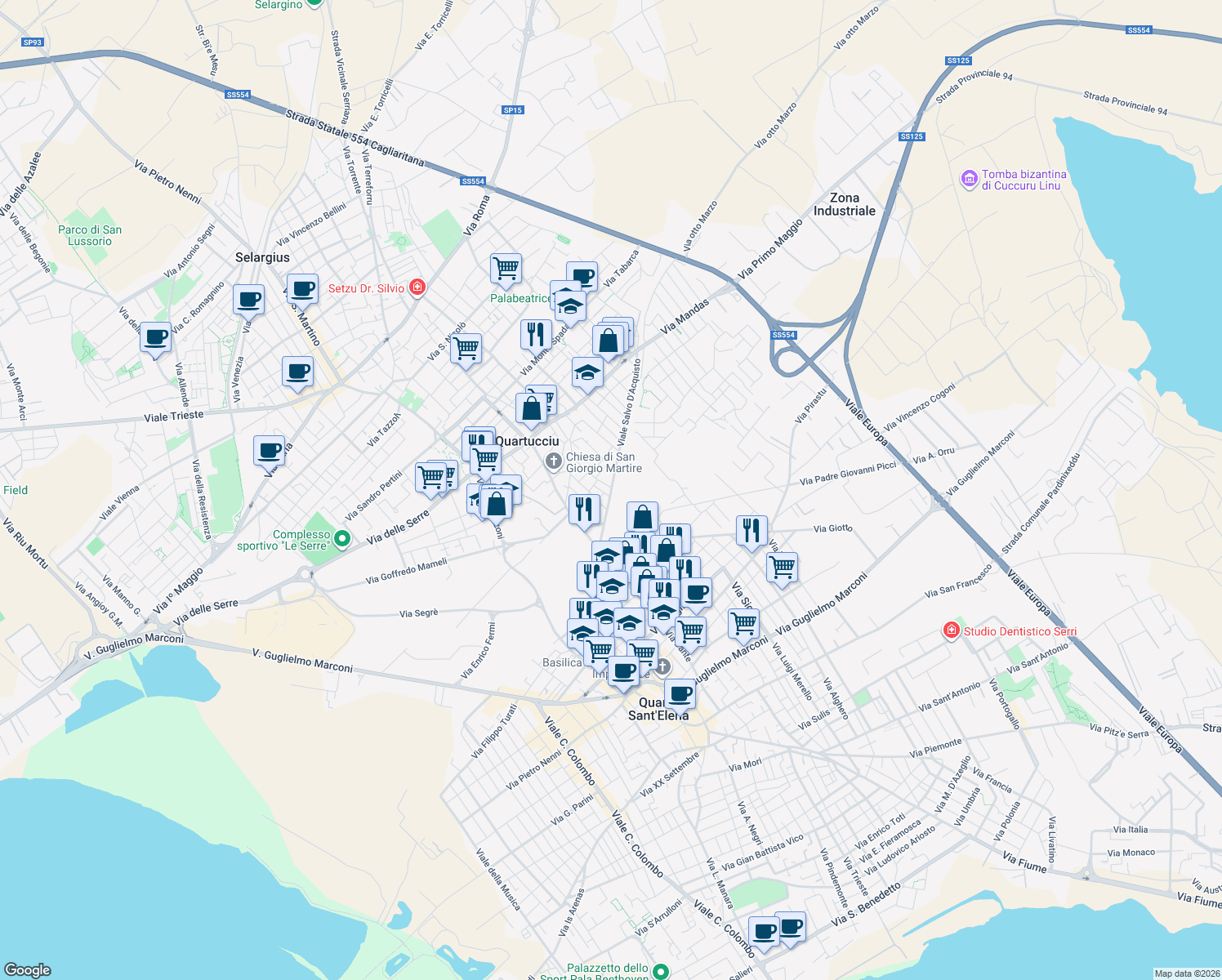 map of restaurants, bars, coffee shops, grocery stores, and more near 55 Viale Salvo D'Acquisto in Quartucciu