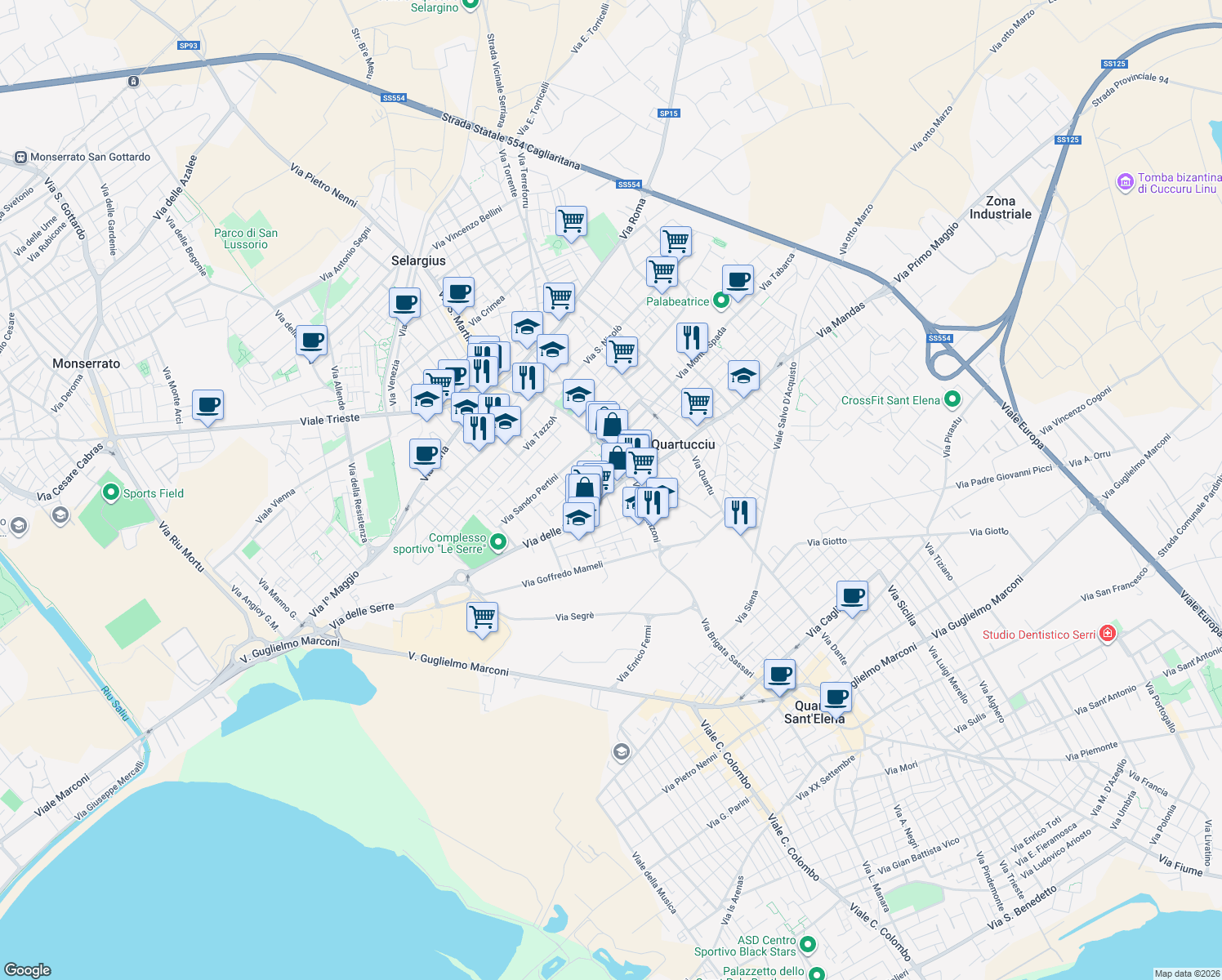 map of restaurants, bars, coffee shops, grocery stores, and more near 20 Via delle Serre in Quartucciu