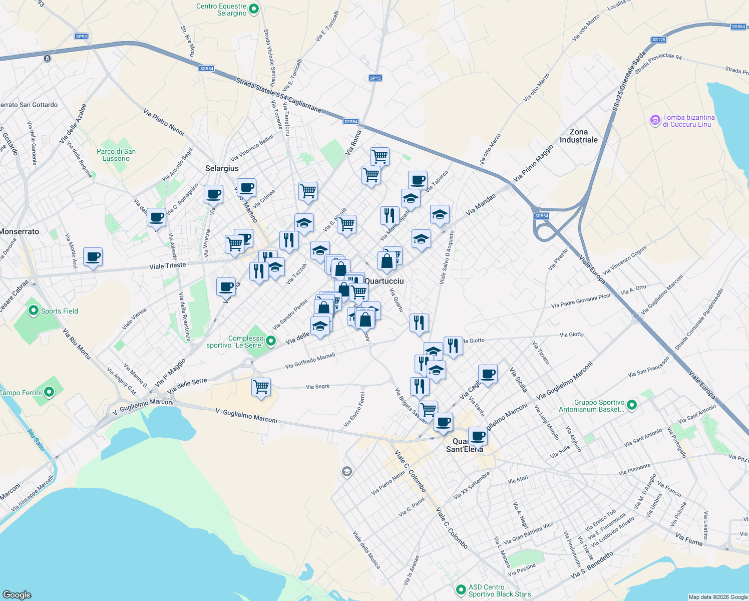 map of restaurants, bars, coffee shops, grocery stores, and more near 1 Via Raffaele Mameli in Quartucciu