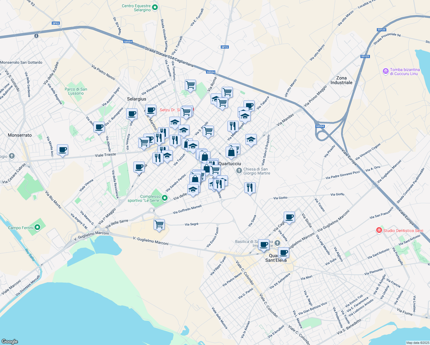 map of restaurants, bars, coffee shops, grocery stores, and more near 30 Via Somalia in Quartucciu