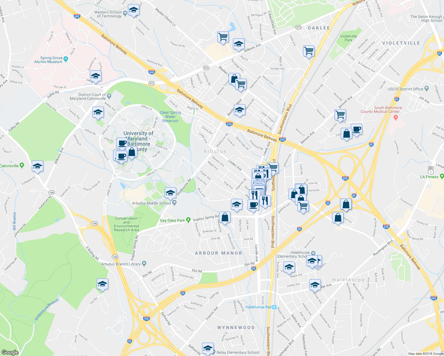 map of restaurants, bars, coffee shops, grocery stores, and more near 1242 Vogt Avenue in Halethorpe