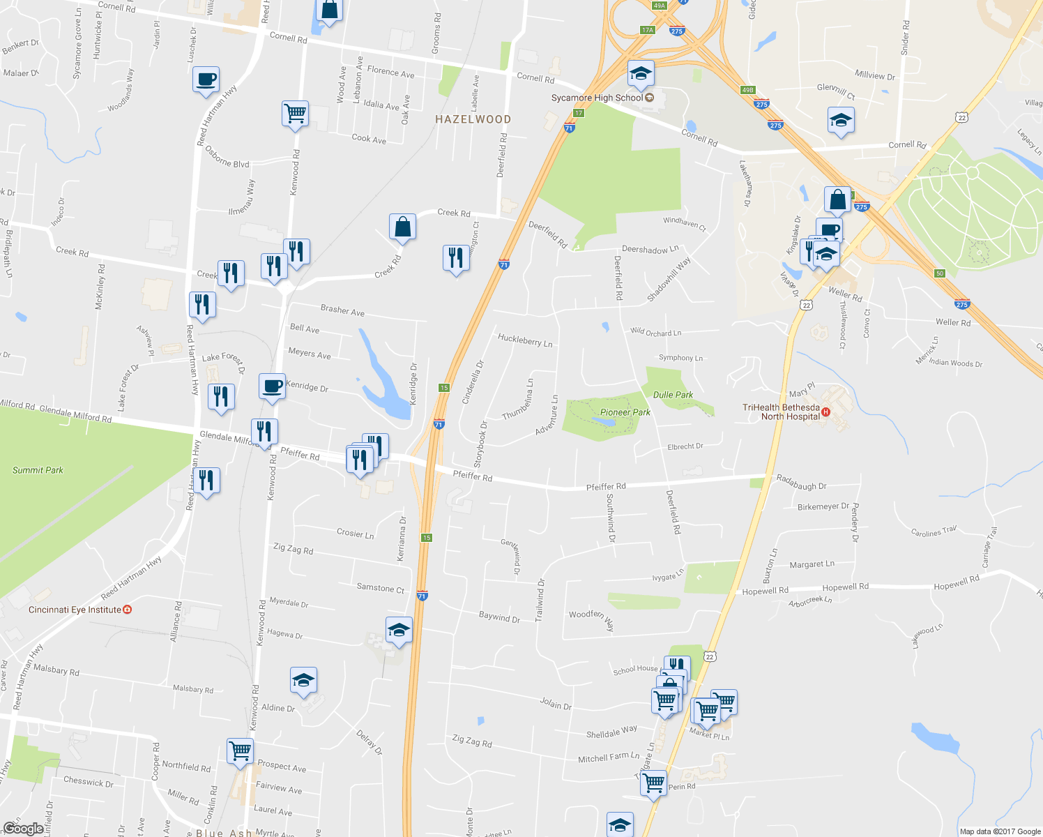 map of restaurants, bars, coffee shops, grocery stores, and more near 7245 Thumbelina Lane in Cincinnati