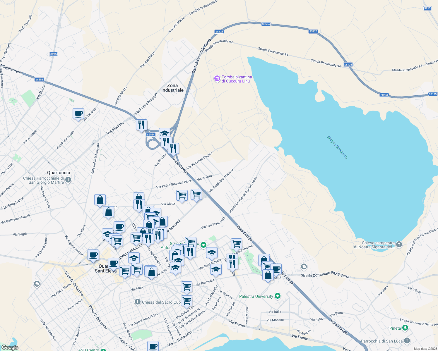 map of restaurants, bars, coffee shops, grocery stores, and more near 2 Via dei Maestri del Lavoro in Quartu Sant'Elena