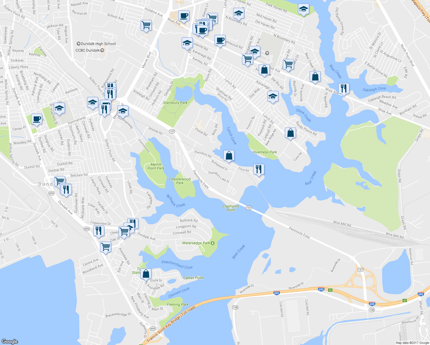 map of restaurants, bars, coffee shops, grocery stores, and more near 8513 Stansbury Lake Drive in Dundalk