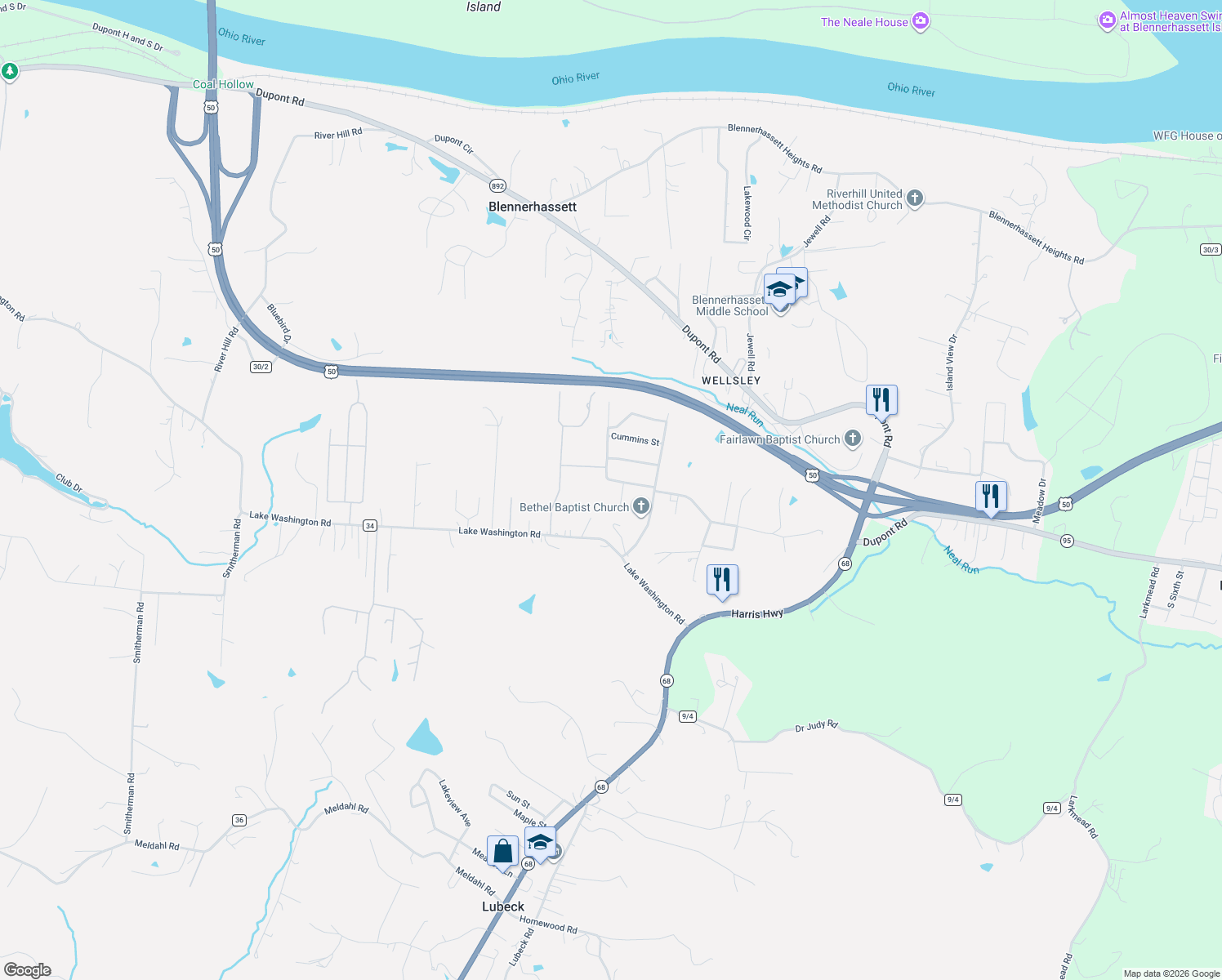 map of restaurants, bars, coffee shops, grocery stores, and more near 17 Sams Road in Washington