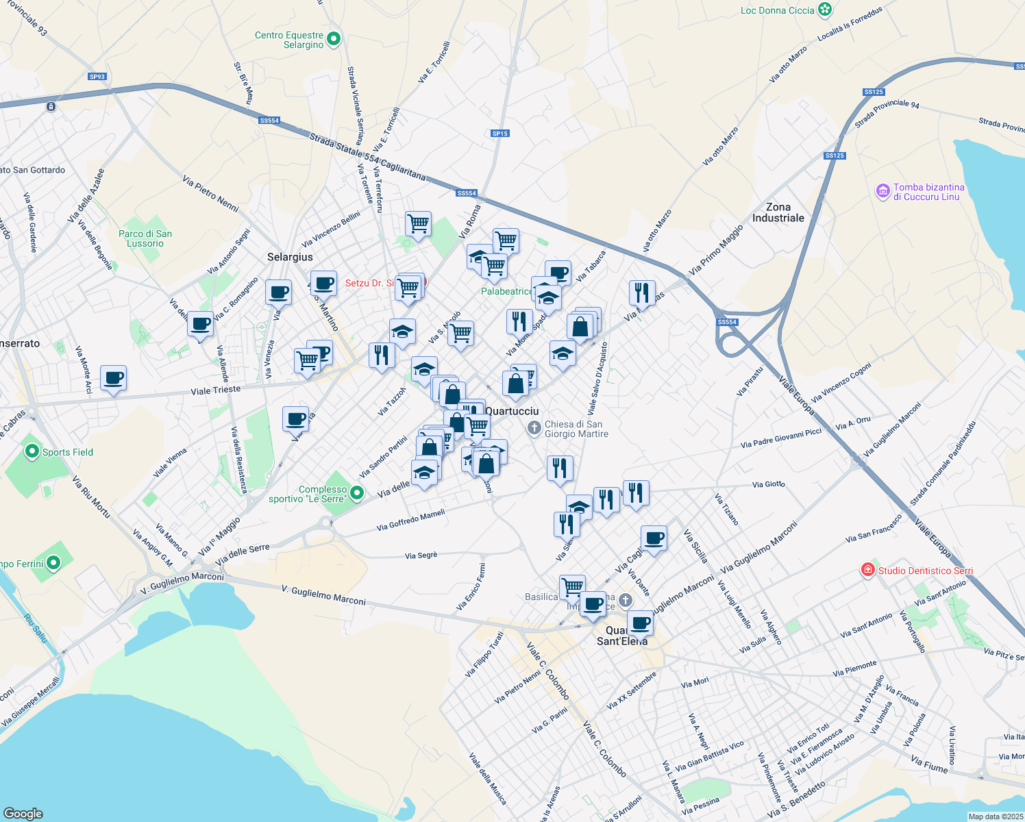 map of restaurants, bars, coffee shops, grocery stores, and more near in Quartucciu