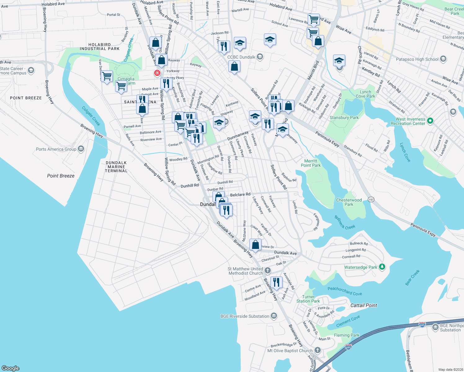 map of restaurants, bars, coffee shops, grocery stores, and more near 3253-3299 Dunran Road in Dundalk