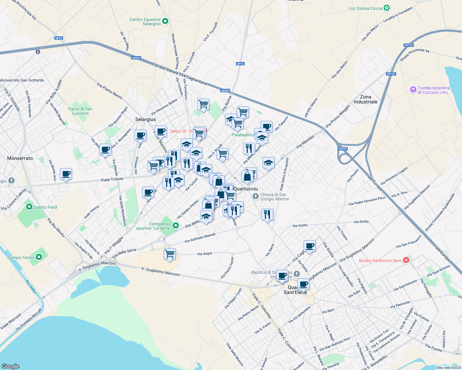 map of restaurants, bars, coffee shops, grocery stores, and more near 30 Via Somalia in Quartucciu