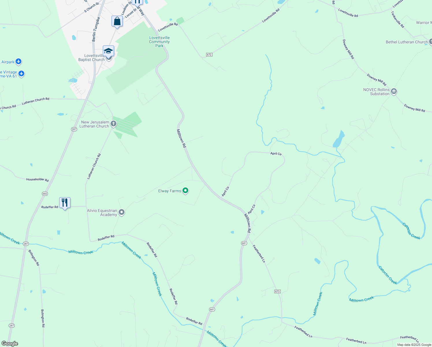 map of restaurants, bars, coffee shops, grocery stores, and more near 13127 Moyes Bluff Court in Lovettsville