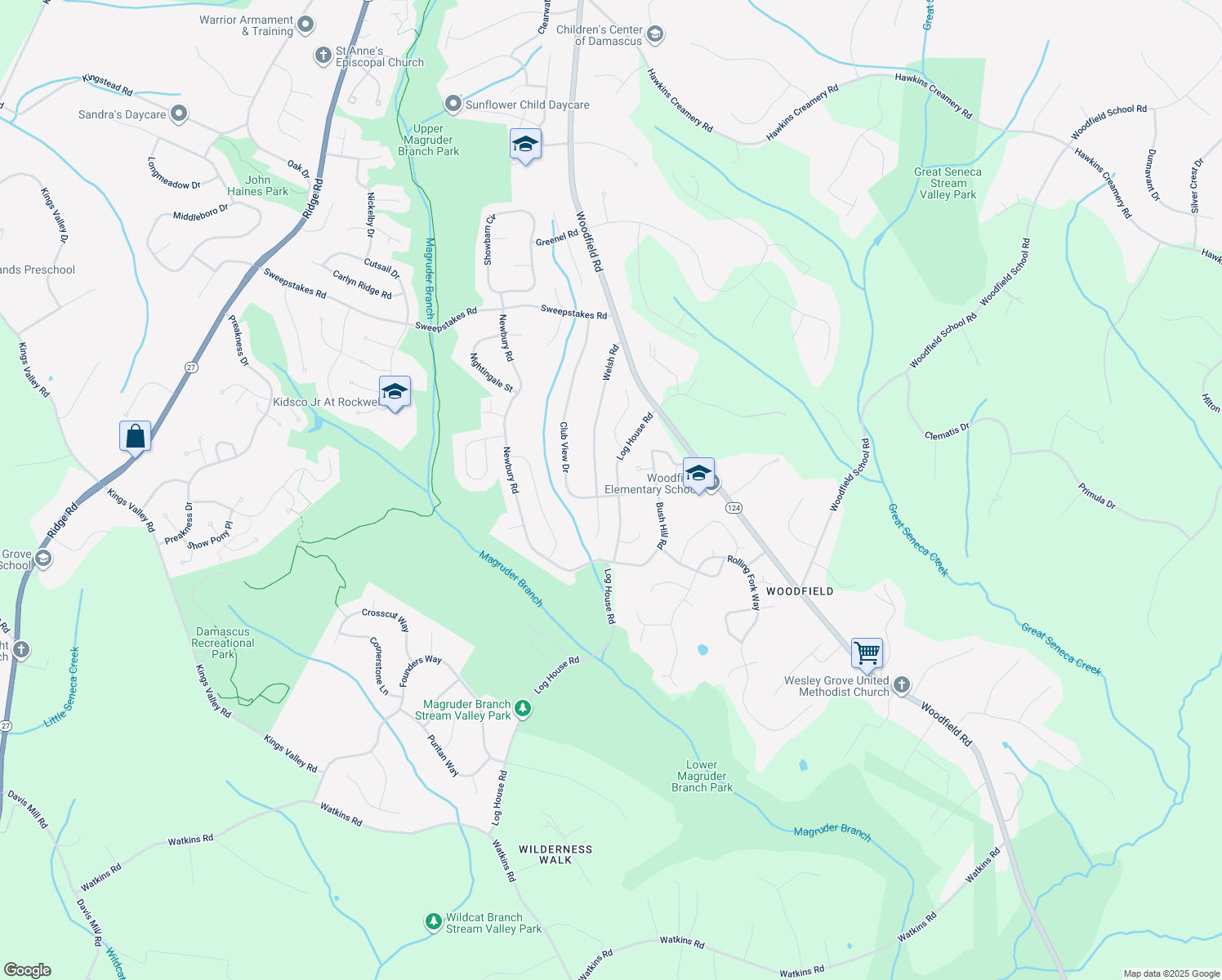 map of restaurants, bars, coffee shops, grocery stores, and more near 24200 Log House Rd in Gaithersburg