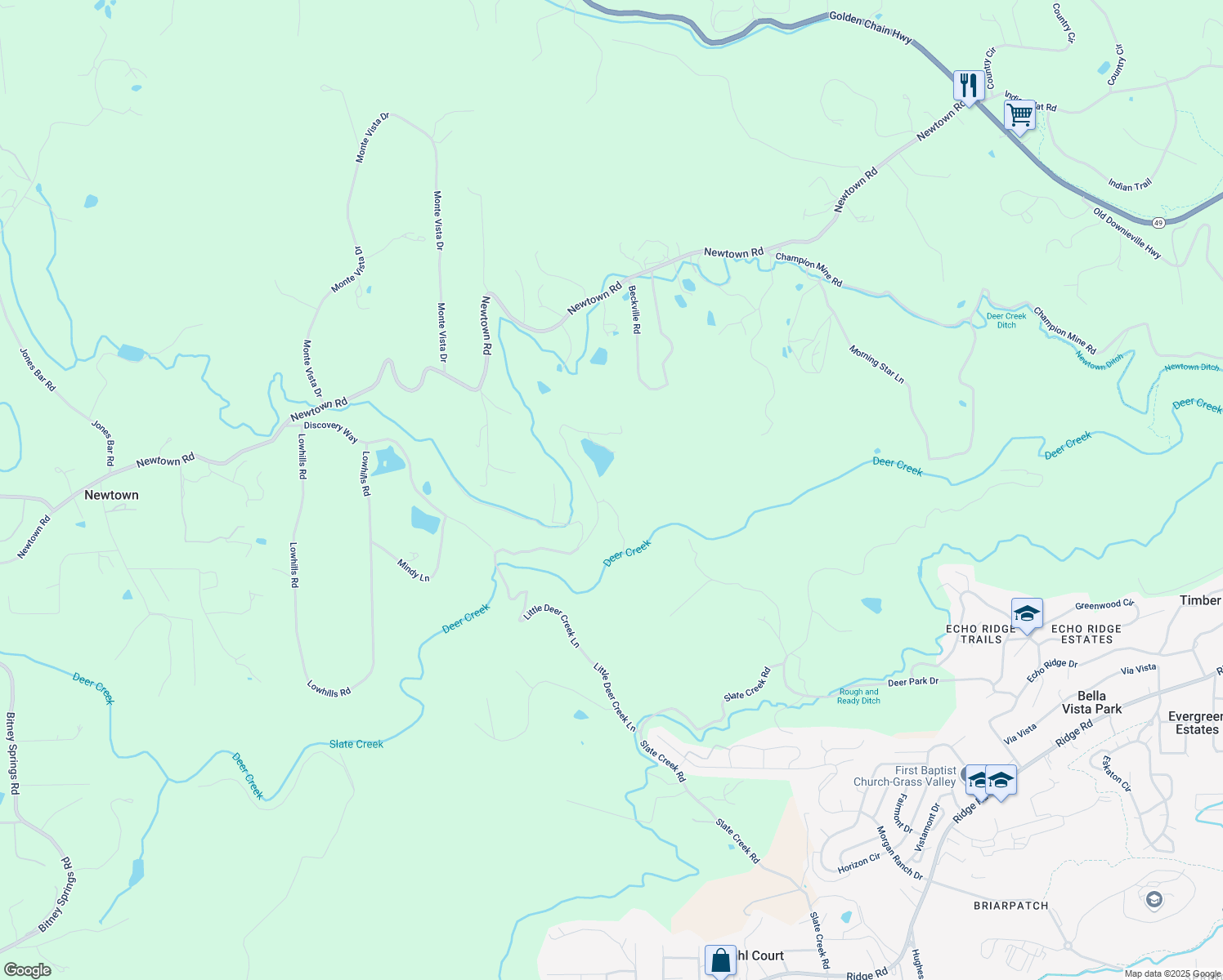 map of restaurants, bars, coffee shops, grocery stores, and more near 12695 Little Deer Creek Lane in Nevada City