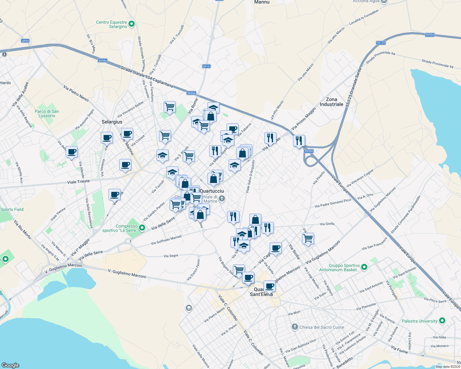 map of restaurants, bars, coffee shops, grocery stores, and more near 10-12 Via Biserta in Quartucciu