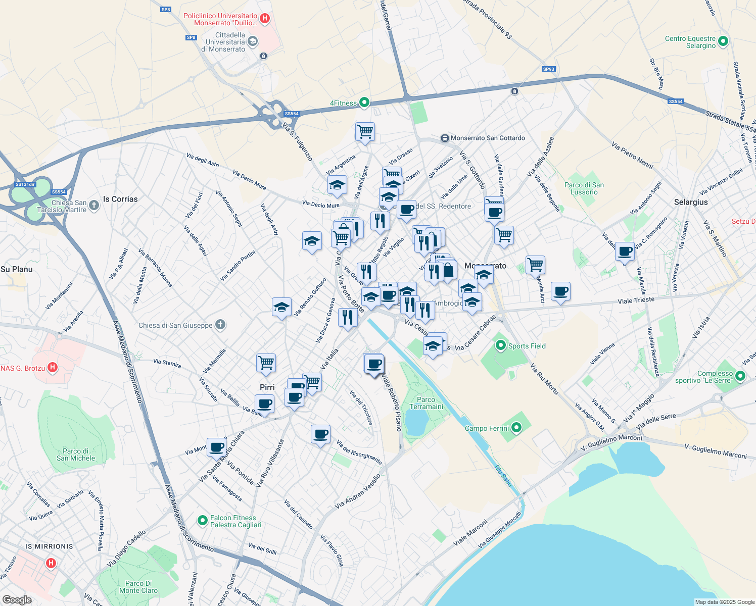 map of restaurants, bars, coffee shops, grocery stores, and more near 20 Via Giulio Cesare in Monserrato