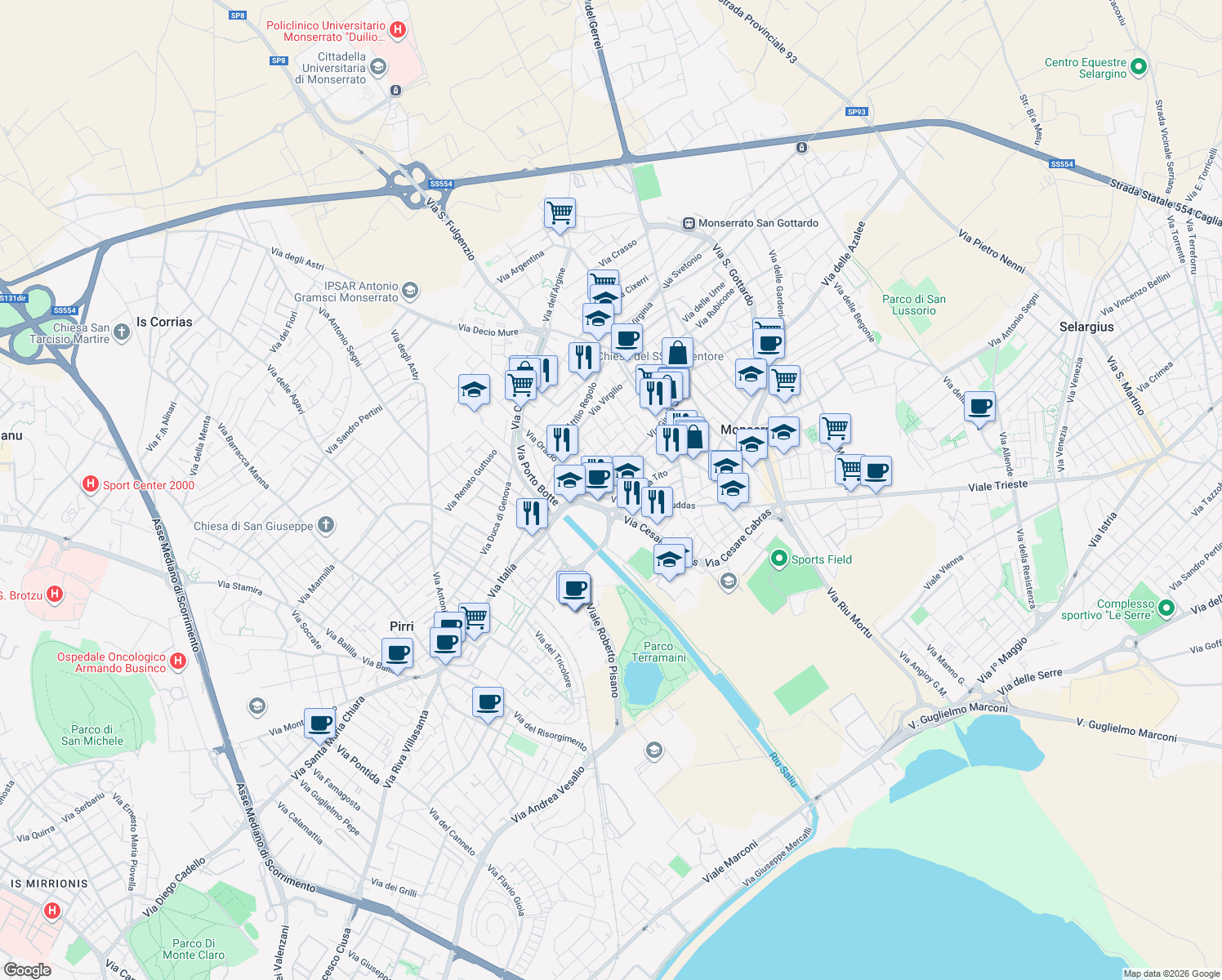 map of restaurants, bars, coffee shops, grocery stores, and more near 3 Via Aureliana in Monserrato