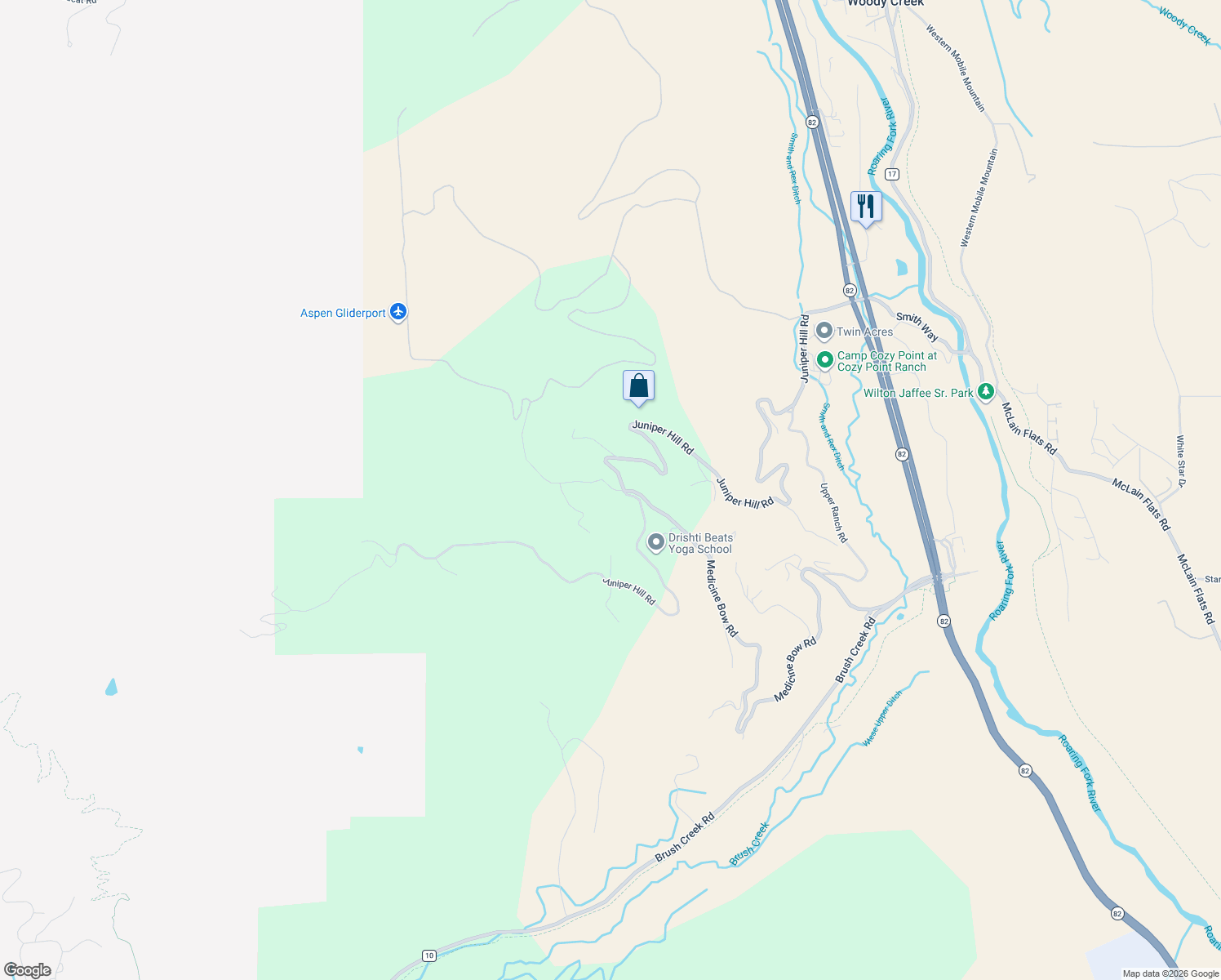 map of restaurants, bars, coffee shops, grocery stores, and more near 1401 Medicine Bow Road in Aspen