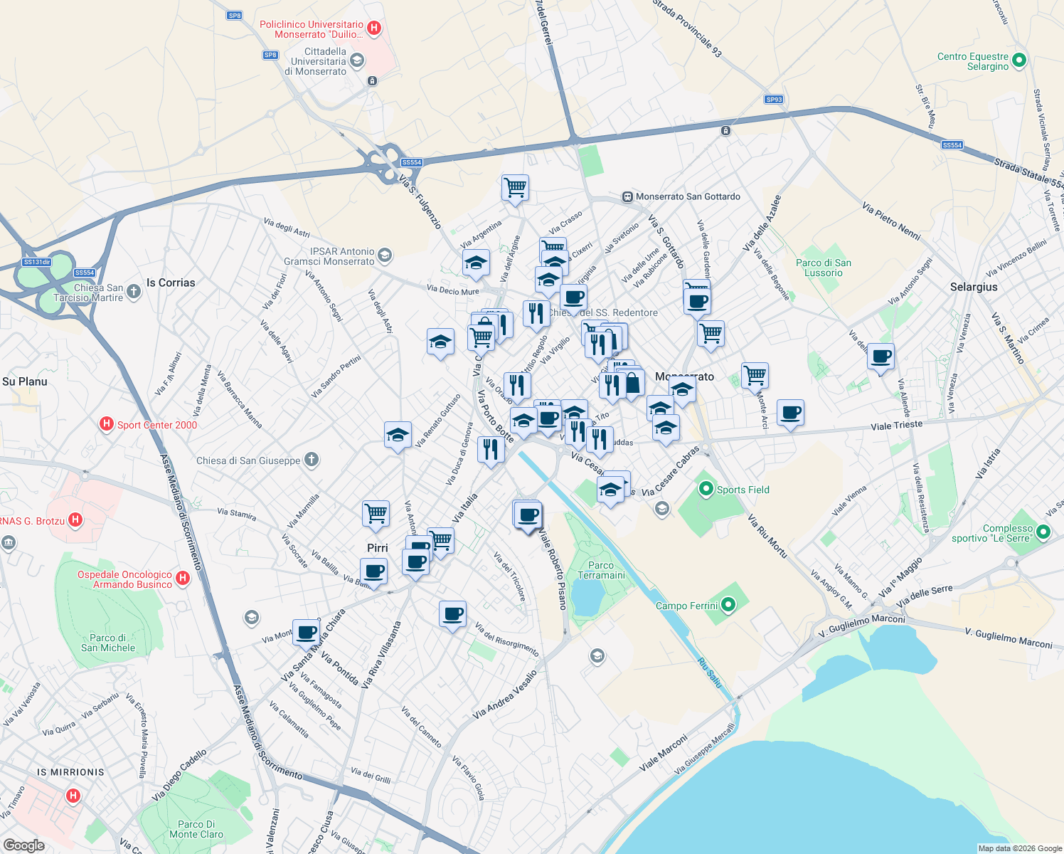 map of restaurants, bars, coffee shops, grocery stores, and more near 20 Via Giulio Cesare in Monserrato