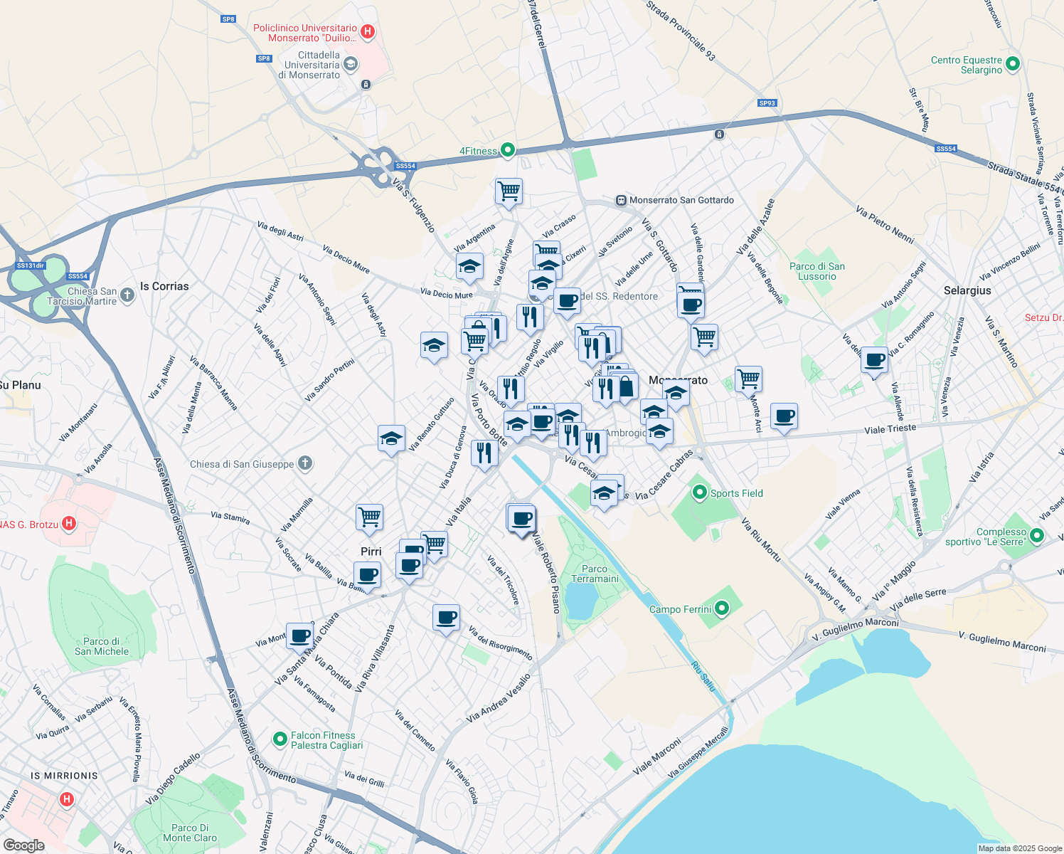 map of restaurants, bars, coffee shops, grocery stores, and more near 20 Via Giulio Cesare in Monserrato