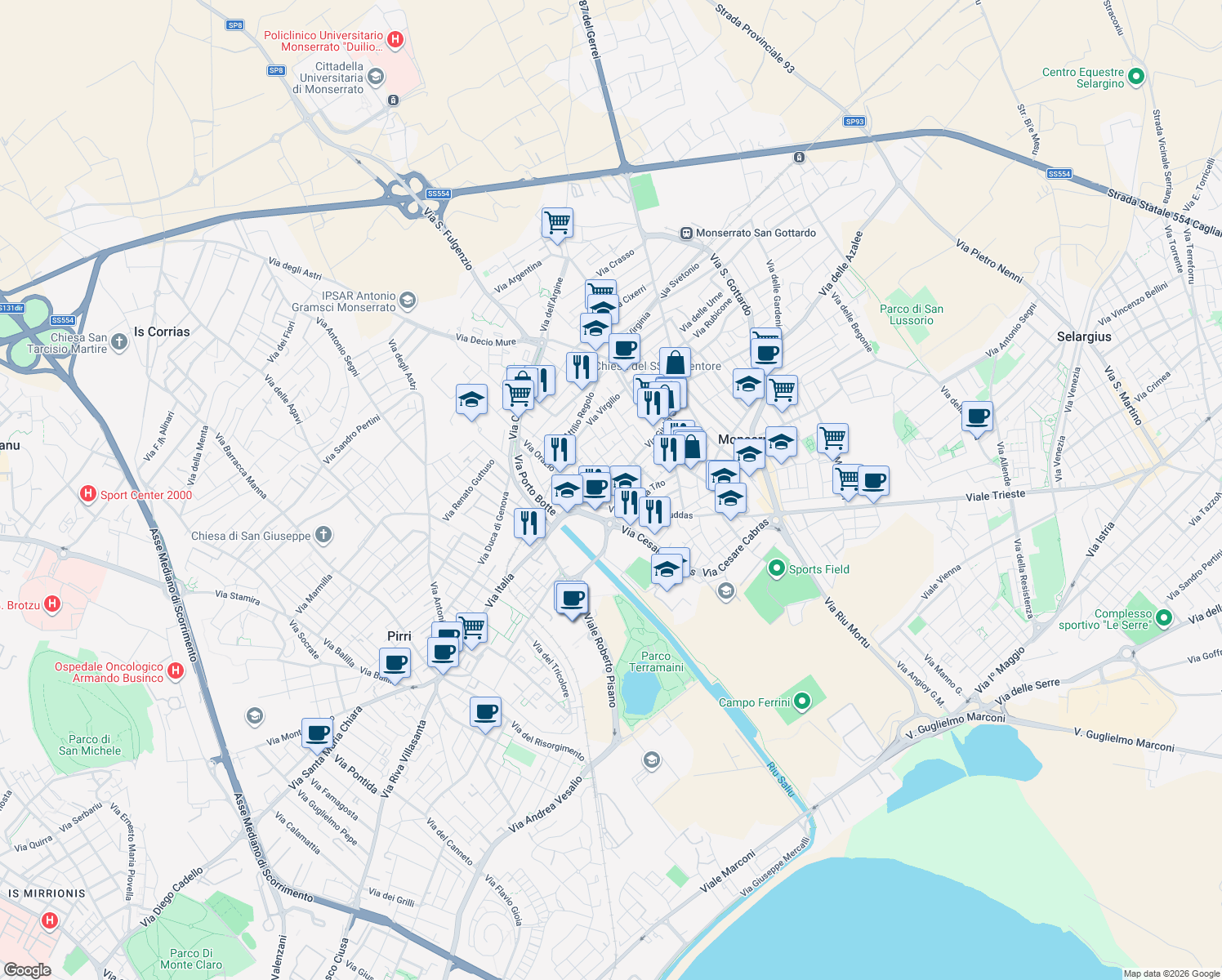 map of restaurants, bars, coffee shops, grocery stores, and more near 3 Via Aureliana in Monserrato