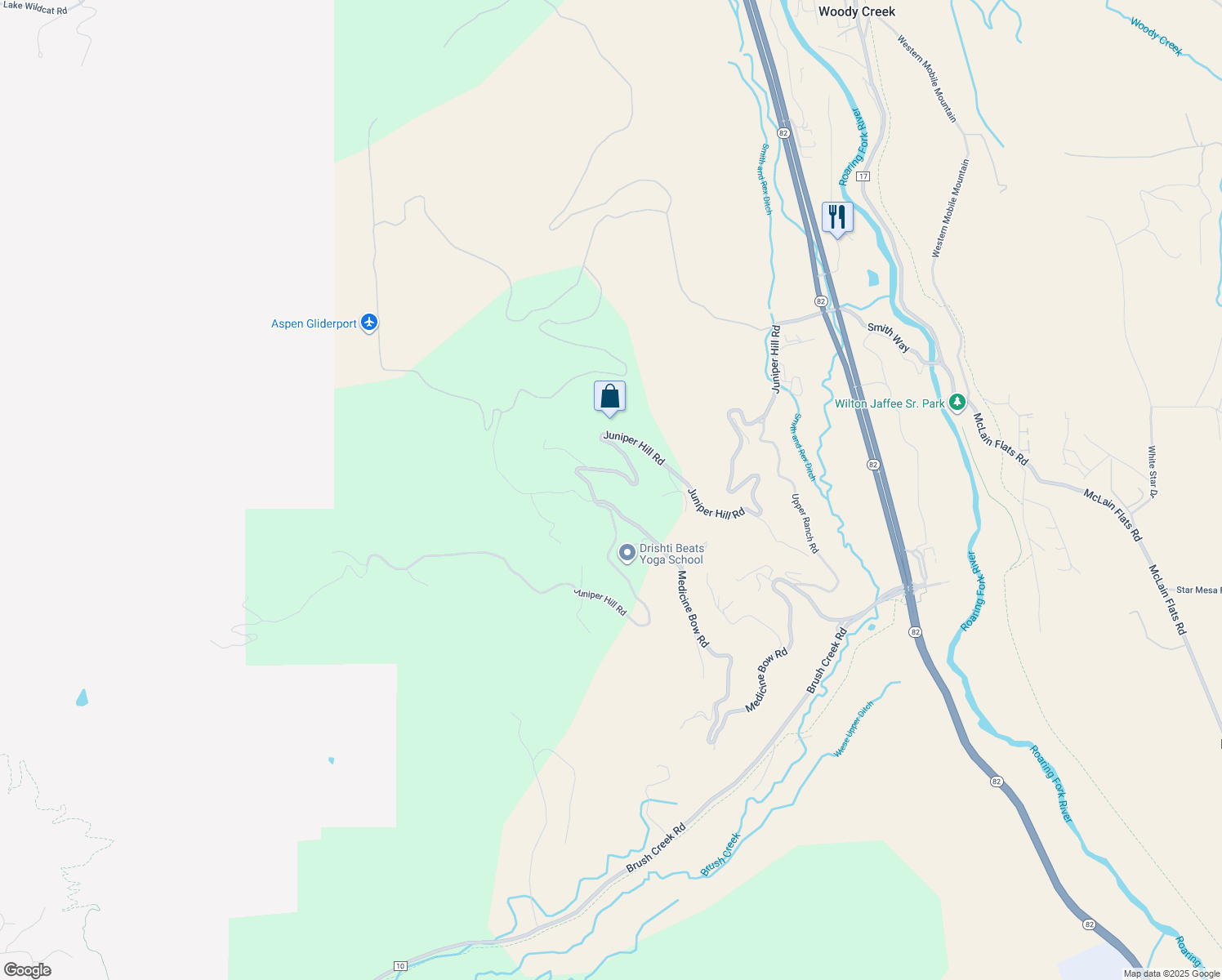 map of restaurants, bars, coffee shops, grocery stores, and more near 1942 Juniper Hills Road in Aspen