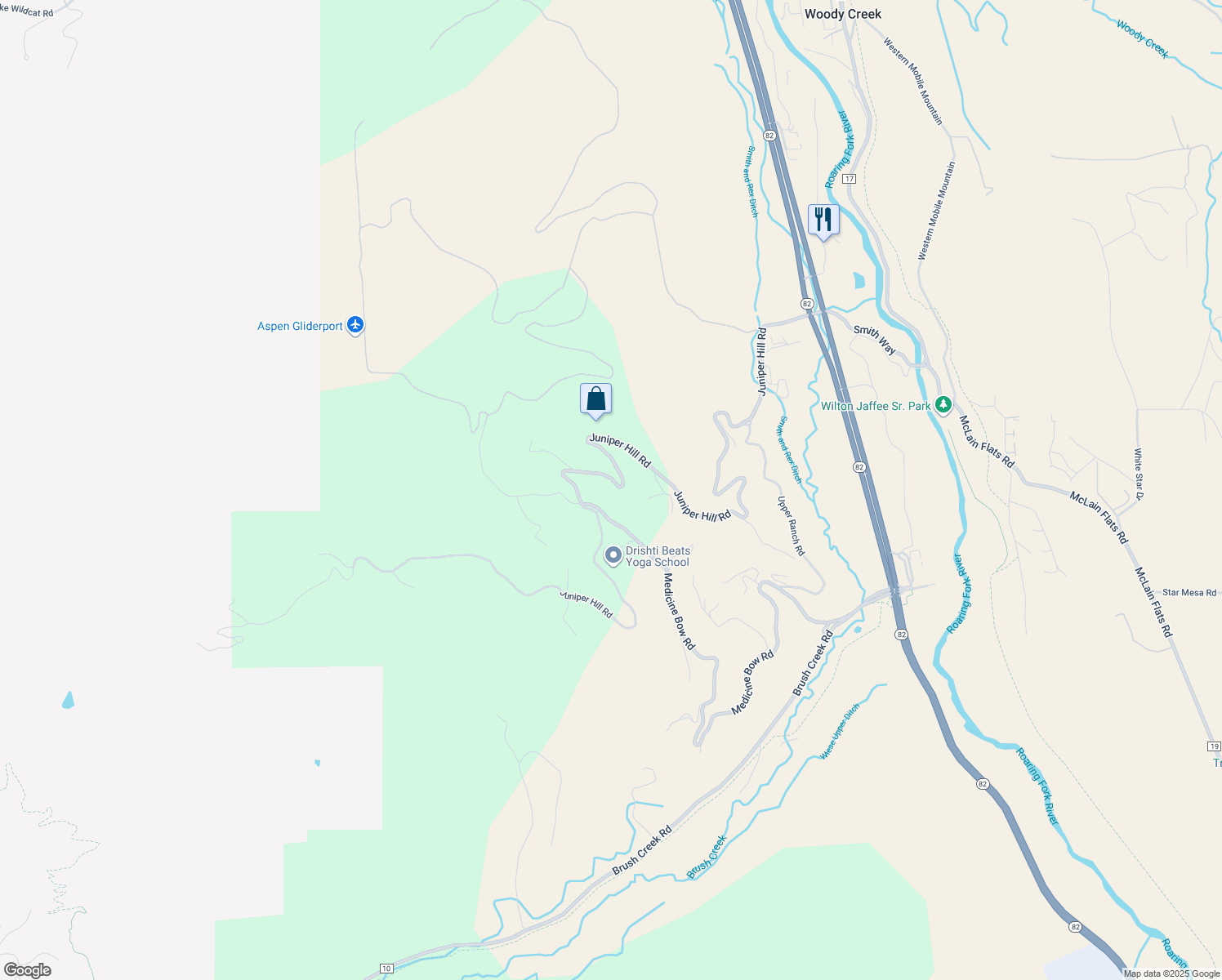 map of restaurants, bars, coffee shops, grocery stores, and more near 1942 Juniper Hill Road in Aspen