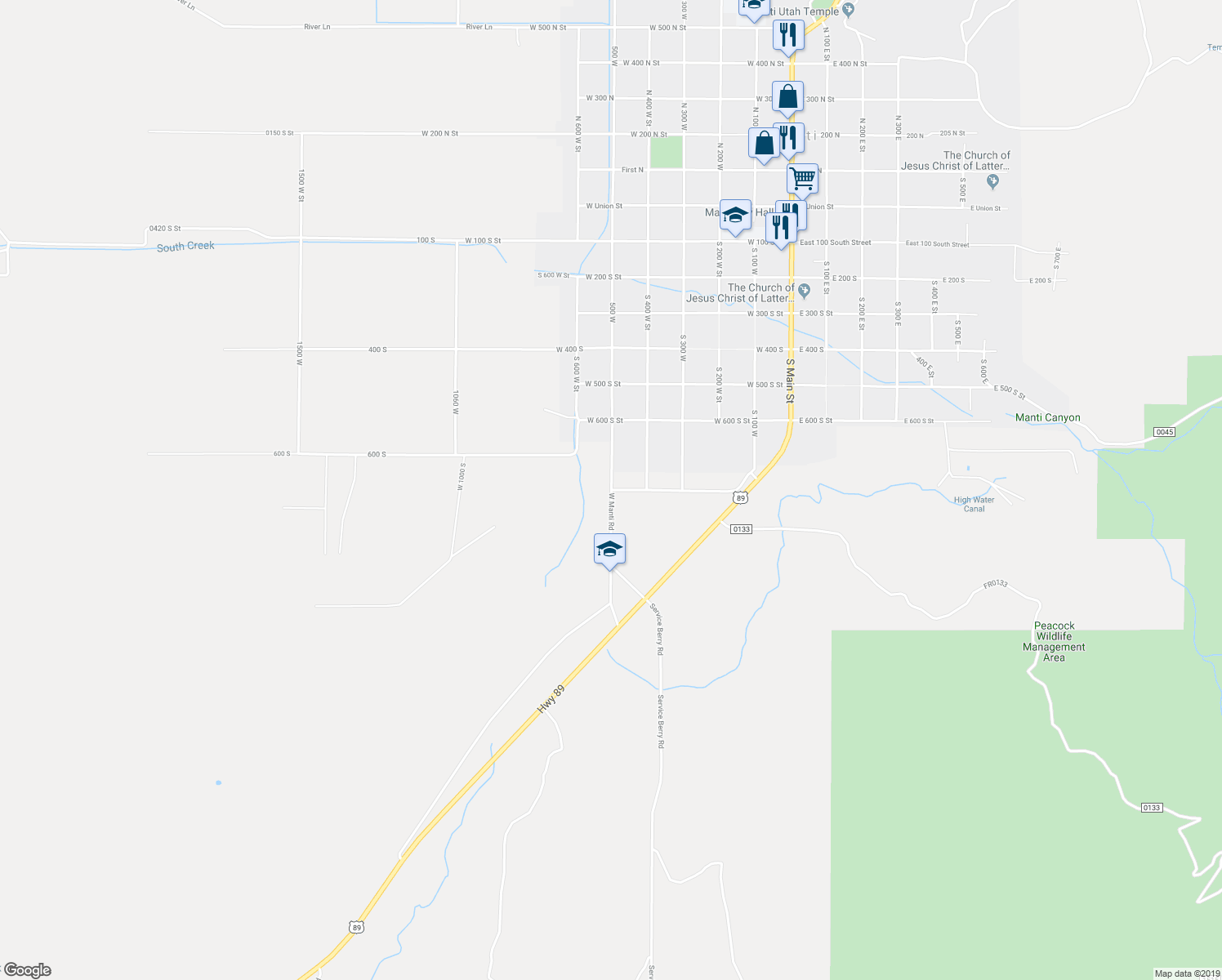 map of restaurants, bars, coffee shops, grocery stores, and more near West Manti Road in Manti