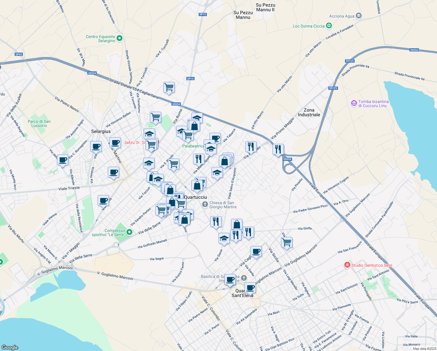 map of restaurants, bars, coffee shops, grocery stores, and more near 5A Via Serdiana in Quartucciu