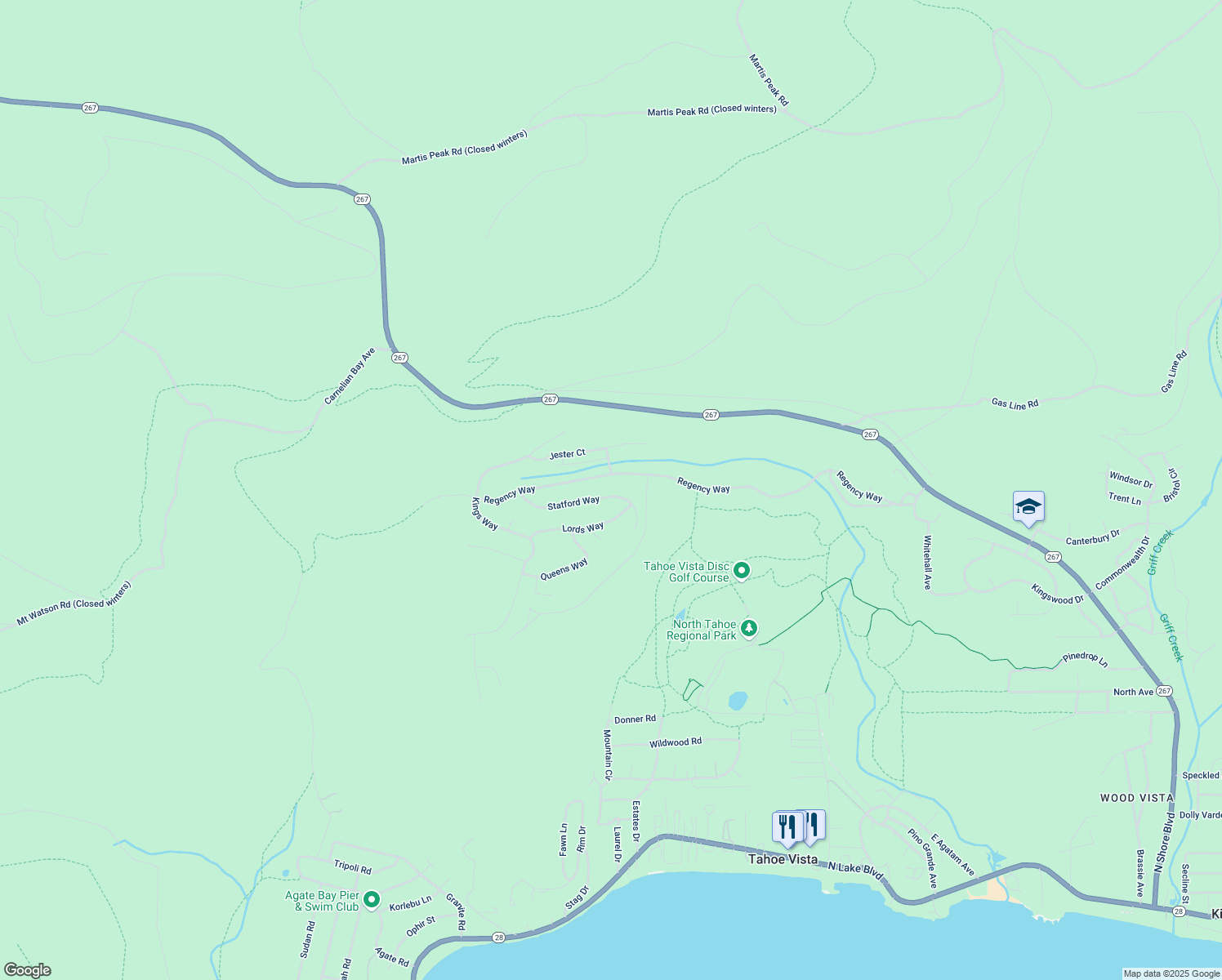 map of restaurants, bars, coffee shops, grocery stores, and more near 1176 Statford Way in Tahoe Vista
