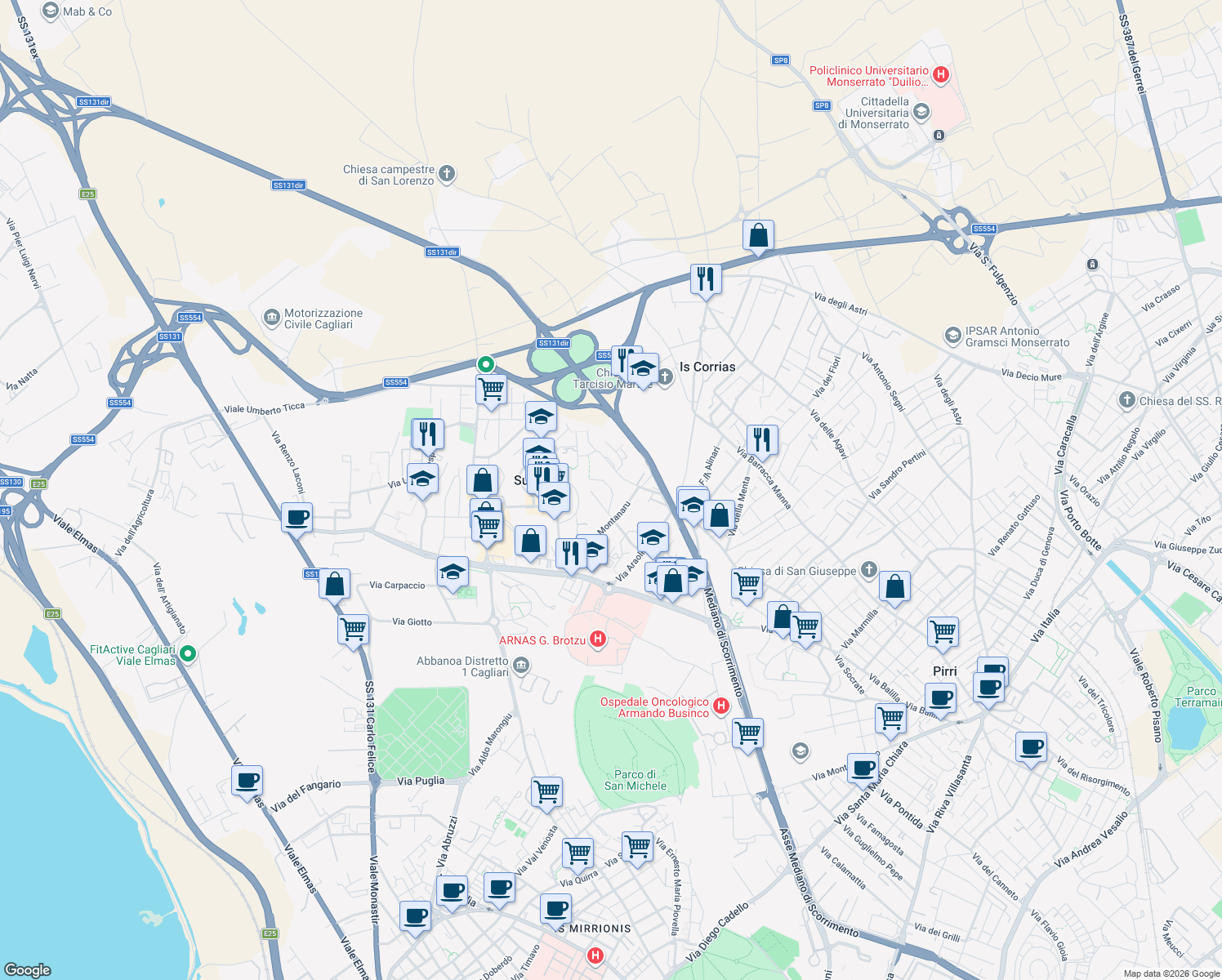 map of restaurants, bars, coffee shops, grocery stores, and more near 73 Via Montanaru in Su Planu