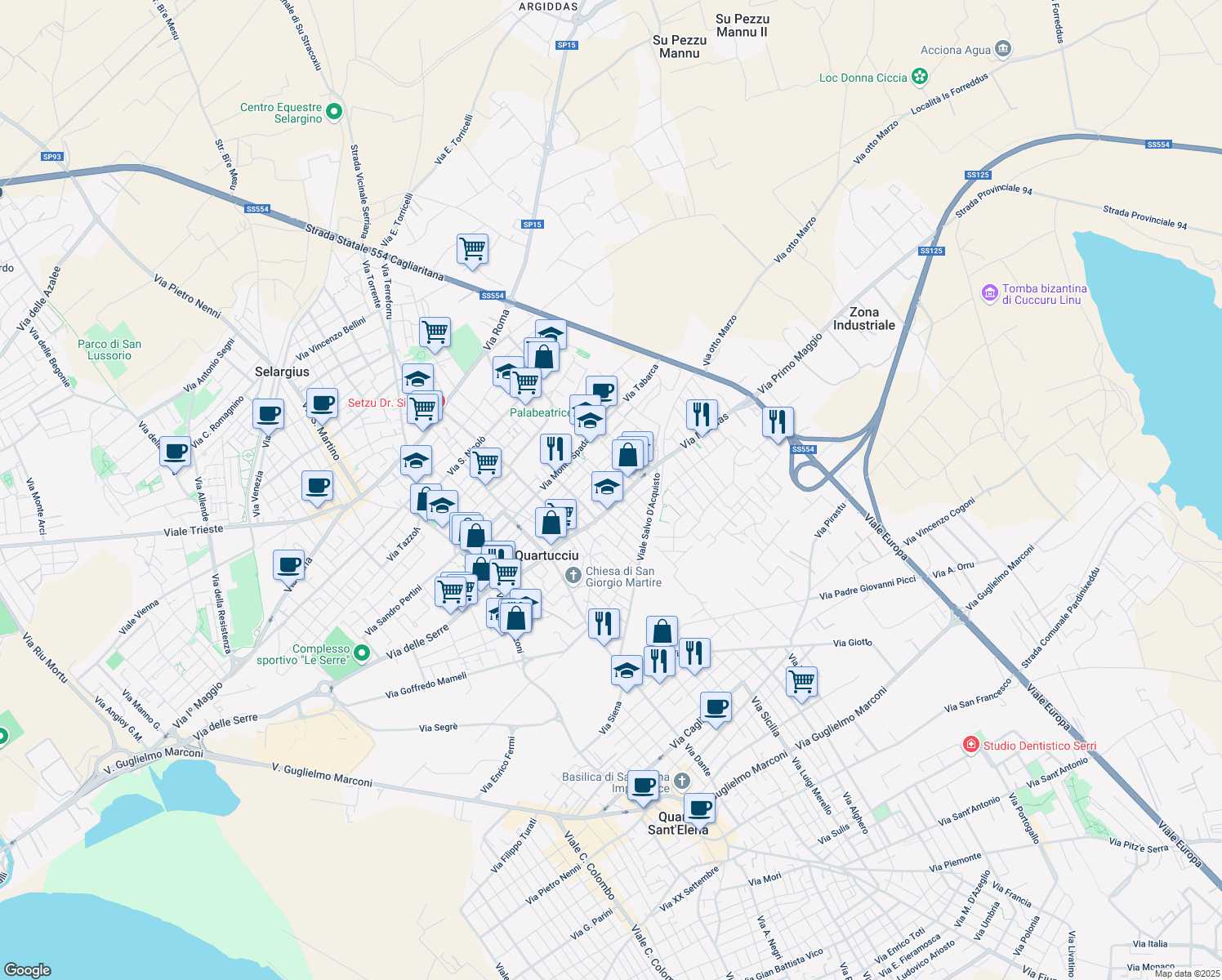 map of restaurants, bars, coffee shops, grocery stores, and more near 5A Via Serdiana in Quartucciu