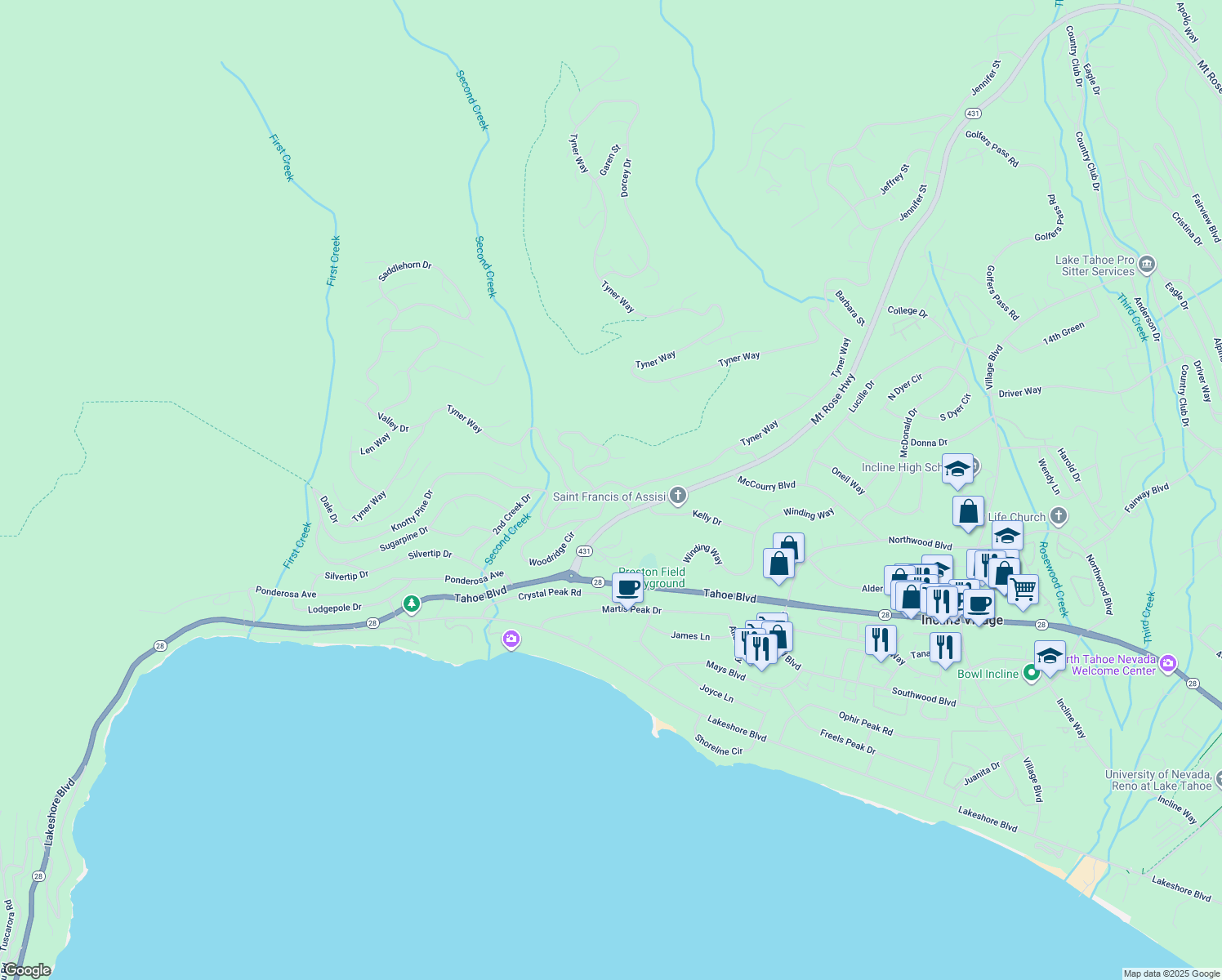 map of restaurants, bars, coffee shops, grocery stores, and more near 663 Tyner Way in Incline Village