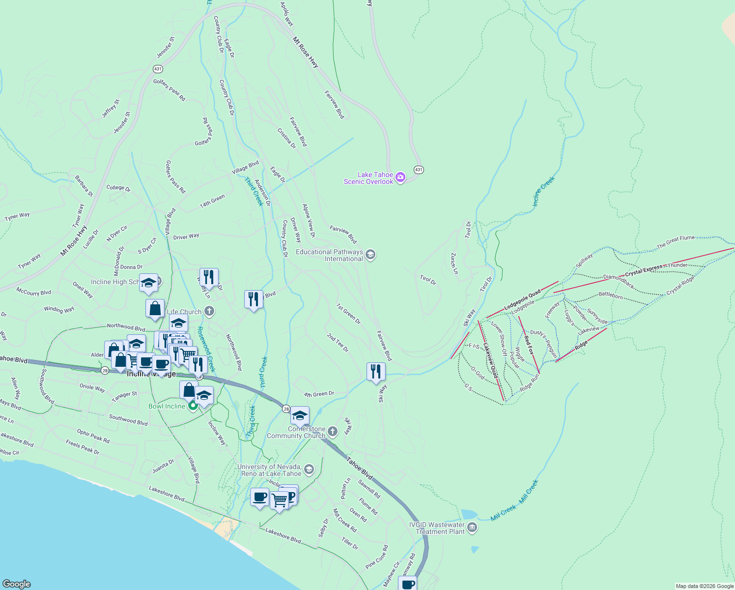 map of restaurants, bars, coffee shops, grocery stores, and more near 449 Fairview Blvd in Incline Village