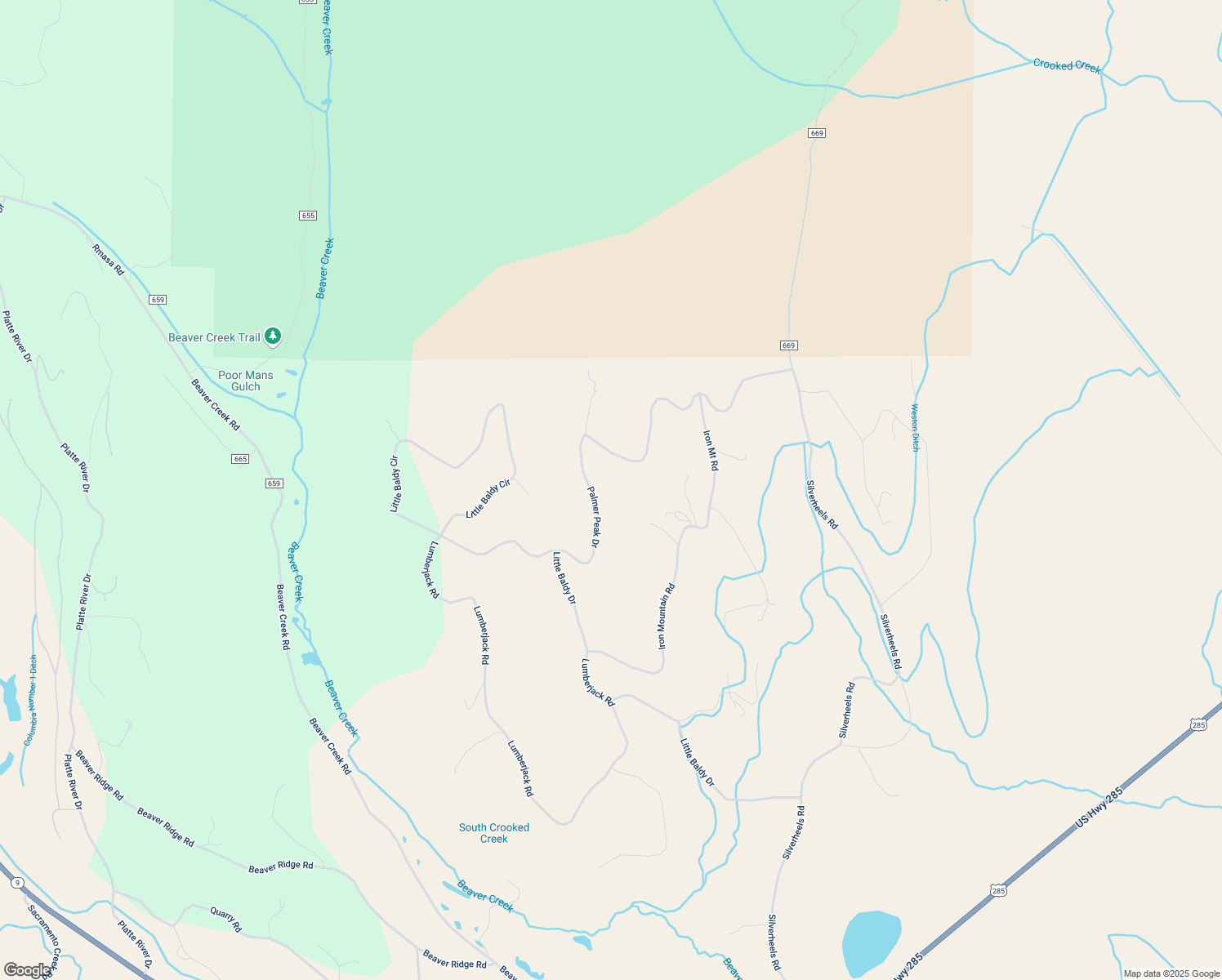 map of restaurants, bars, coffee shops, grocery stores, and more near 256 Palmer Peak Drive in Fairplay