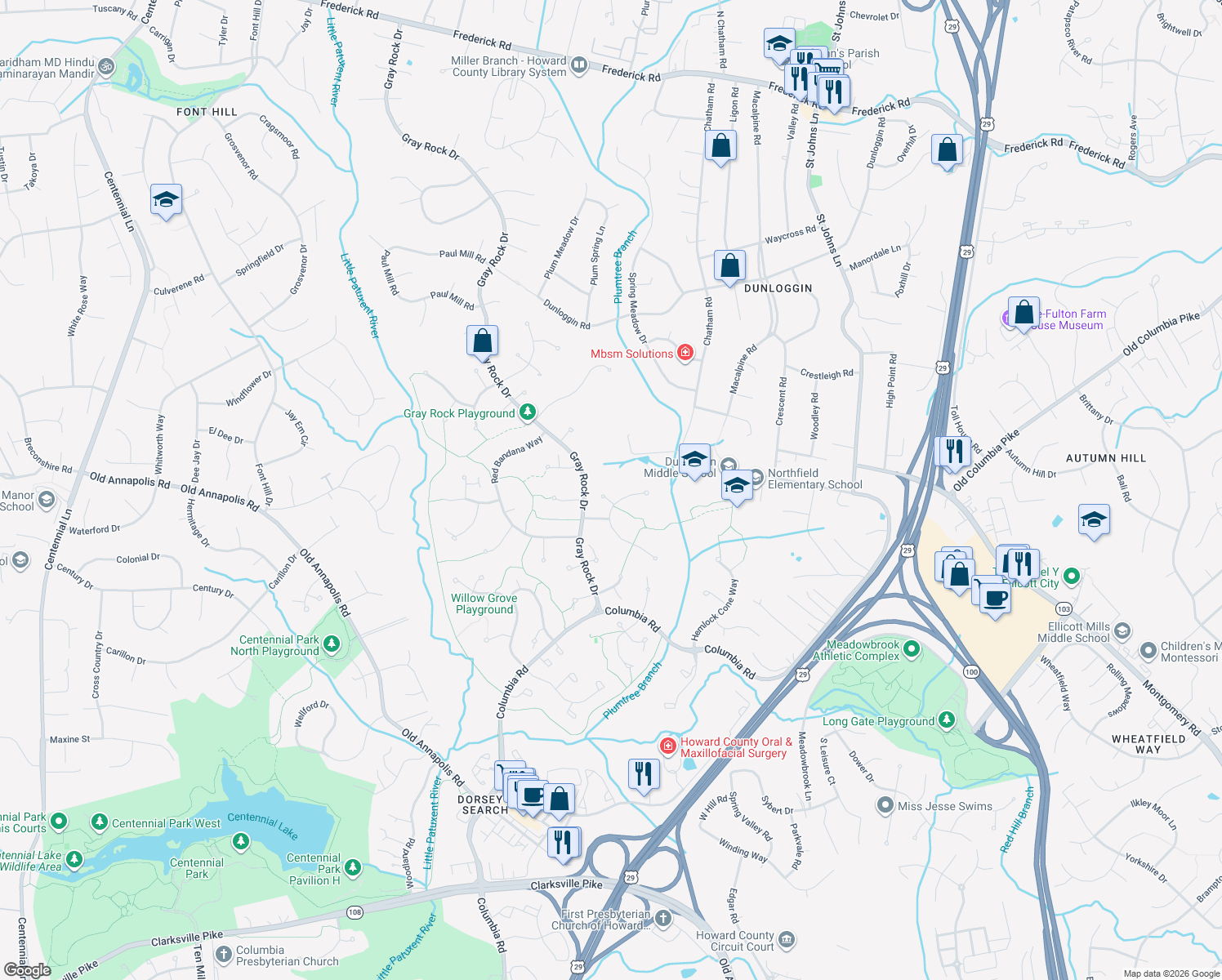 map of restaurants, bars, coffee shops, grocery stores, and more near 4230 Dancing Sunbeam Court in Ellicott City