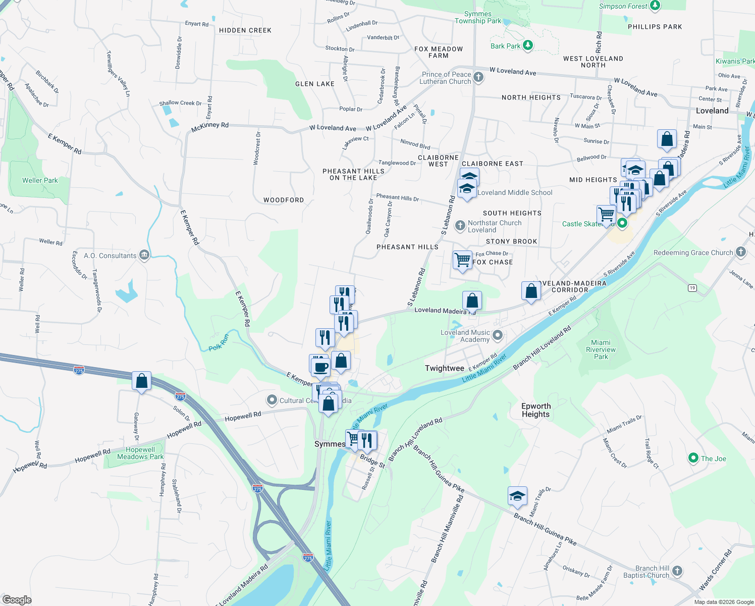 map of restaurants, bars, coffee shops, grocery stores, and more near 200 Wildwood Court in Loveland