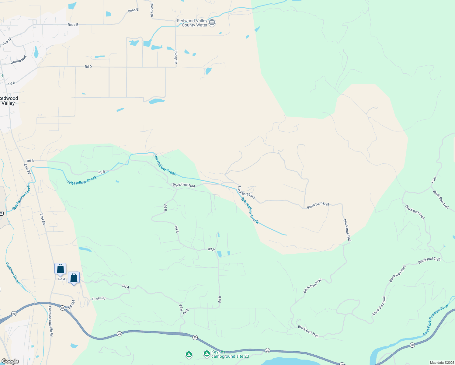 map of restaurants, bars, coffee shops, grocery stores, and more near 2898 Black Bart Trail in Redwood Valley