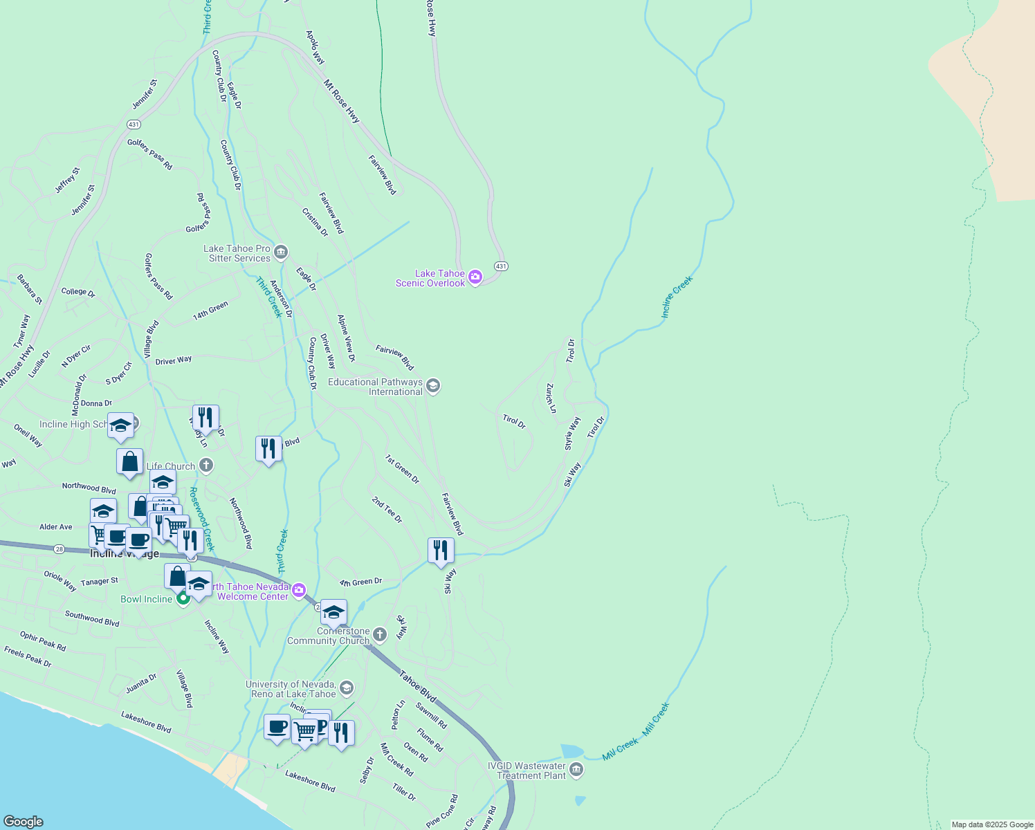 map of restaurants, bars, coffee shops, grocery stores, and more near 1491 Tirol Drive in Incline Village