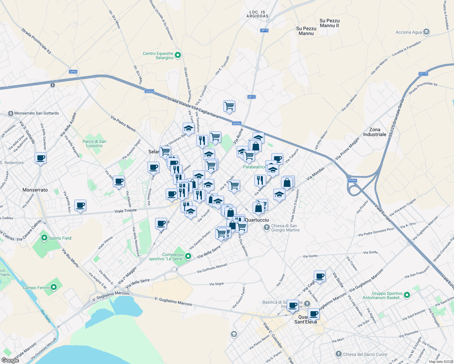 map of restaurants, bars, coffee shops, grocery stores, and more near 96 Via San Nicolò in Selargius