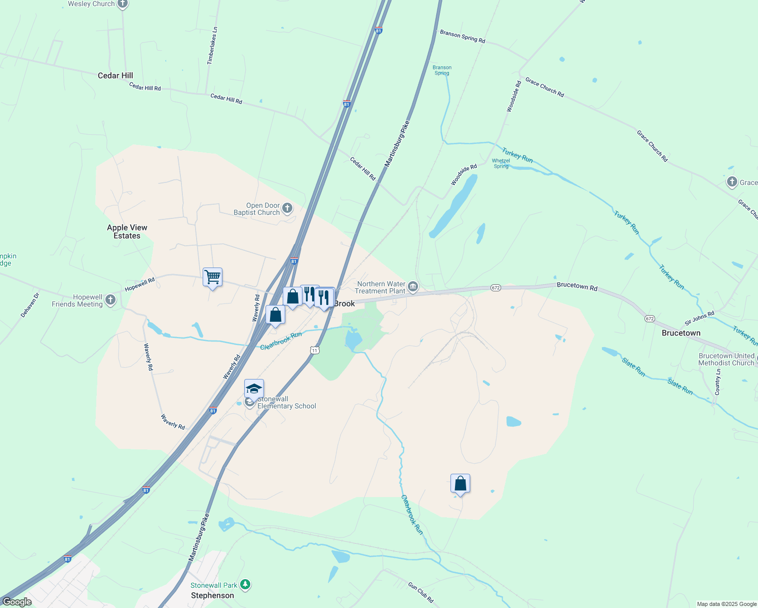 map of restaurants, bars, coffee shops, grocery stores, and more near 1238 Brucetown Road in Clear Brook