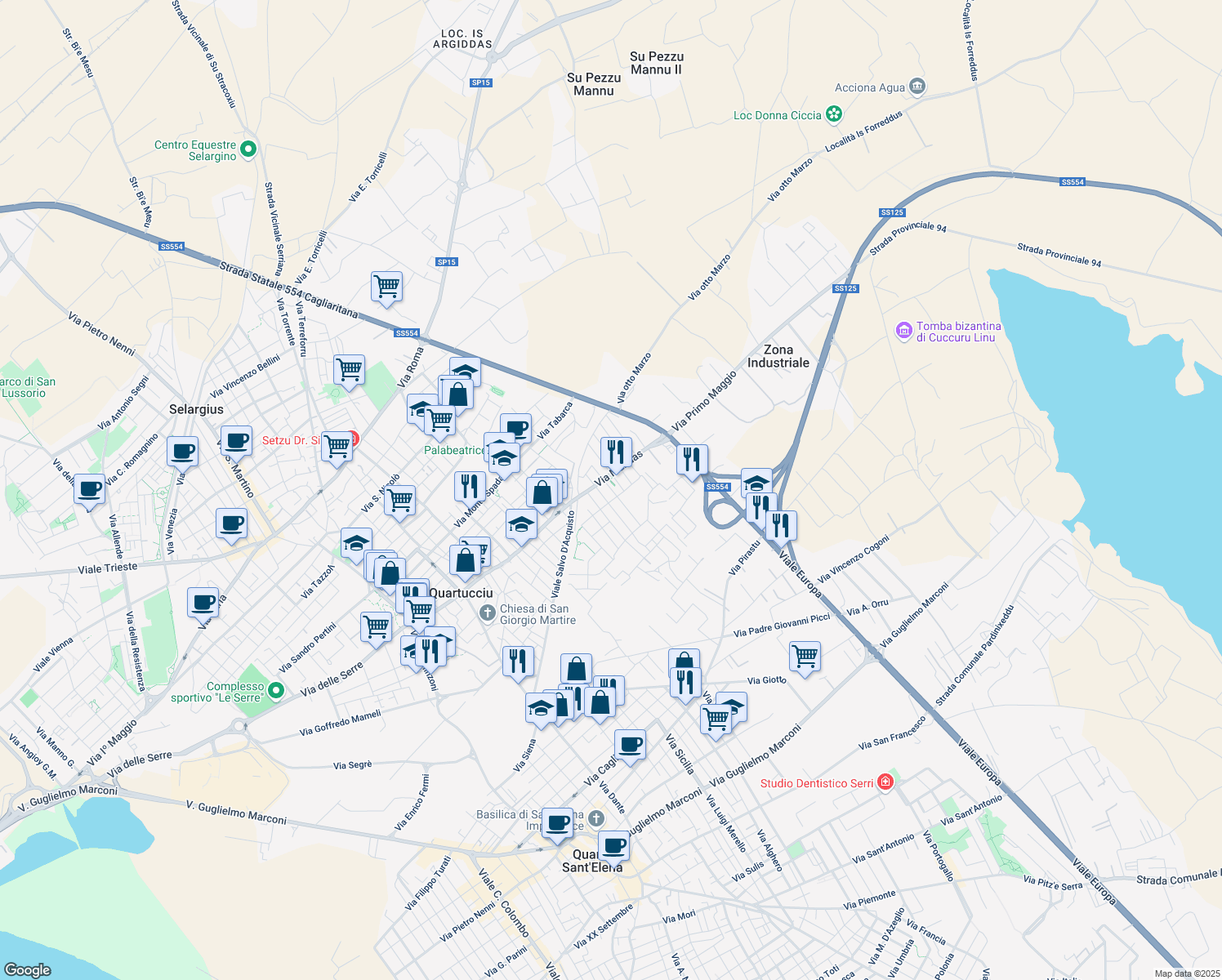 map of restaurants, bars, coffee shops, grocery stores, and more near 5A Via Nulvi in Quartucciu