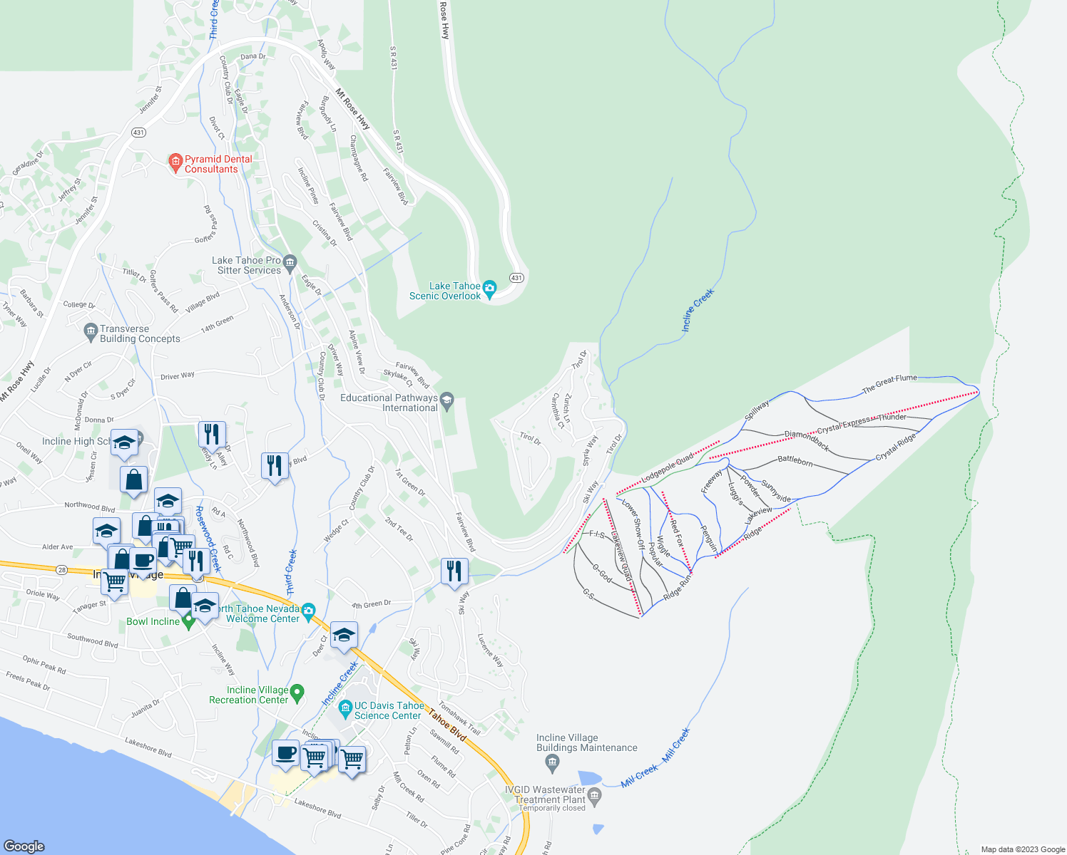 map of restaurants, bars, coffee shops, grocery stores, and more near 1491 Tirol Drive in Incline Village