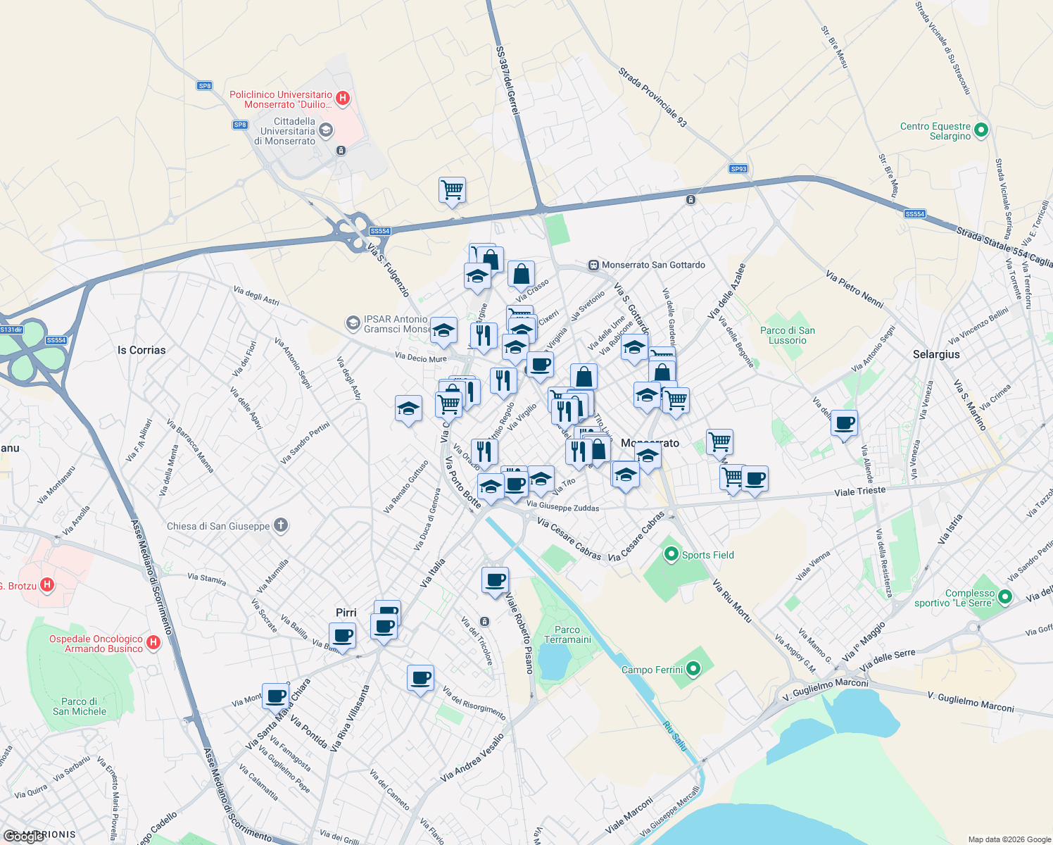 map of restaurants, bars, coffee shops, grocery stores, and more near 30 Via dei Gracchi in Monserrato