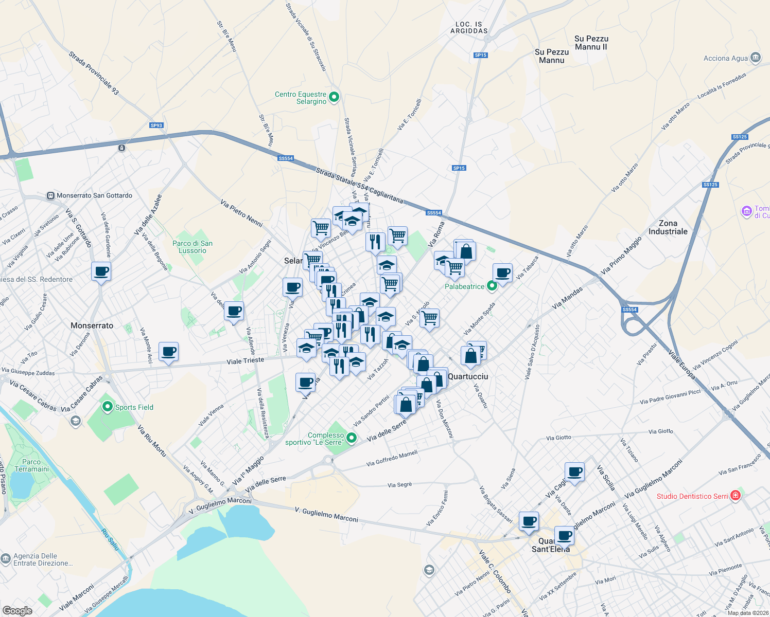 map of restaurants, bars, coffee shops, grocery stores, and more near 63 Via Roma in Selargius