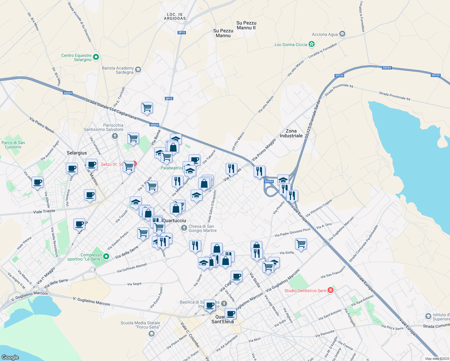 map of restaurants, bars, coffee shops, grocery stores, and more near 5A Via Nulvi in Quartucciu